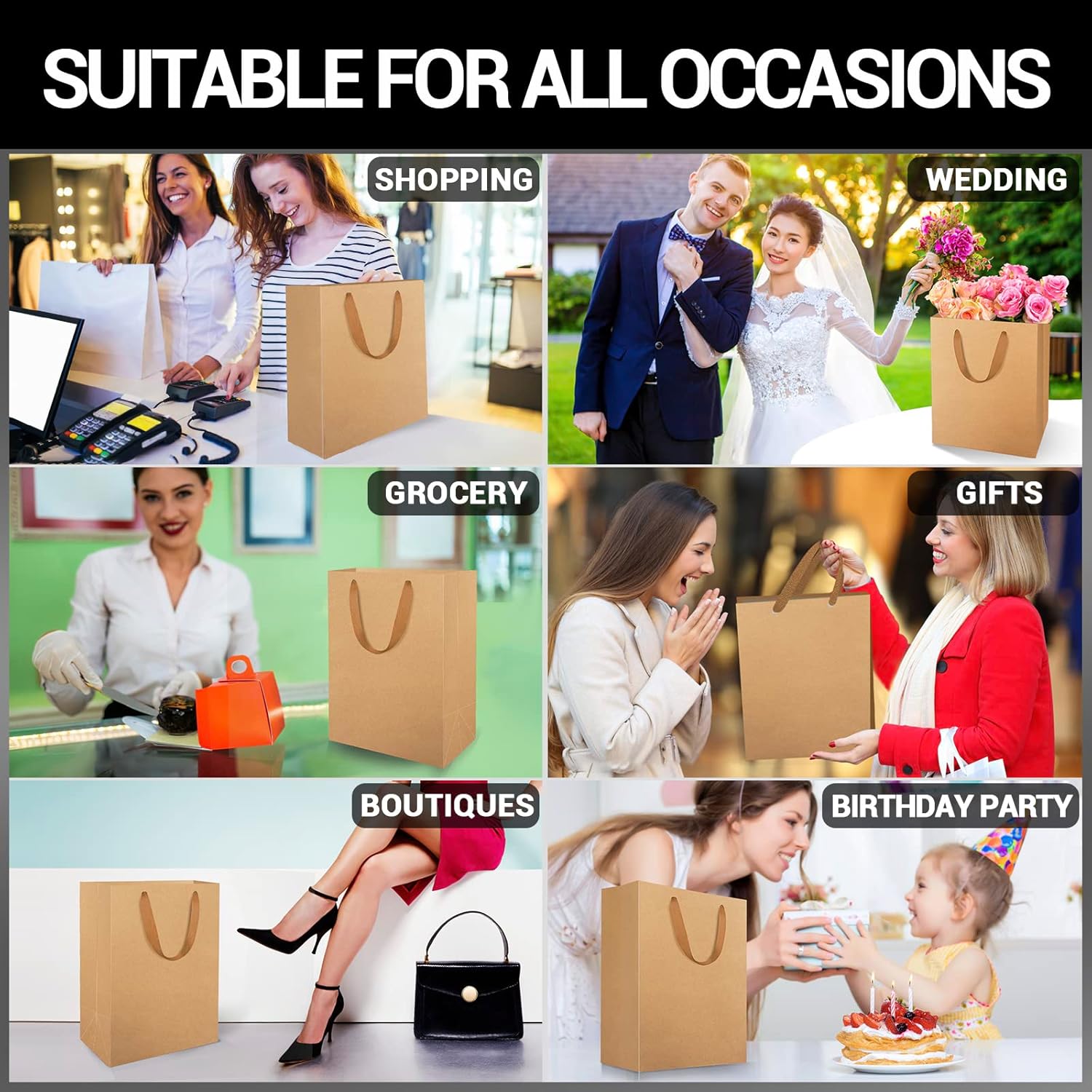 EUSOAR – Bolsas de papel con asas, 25 bolsas de compras de papel kraft marrón de 9.8 x 5.1 x 12.5 pulgadas, bolsas de papel Kraft, bolsas de fiesta,