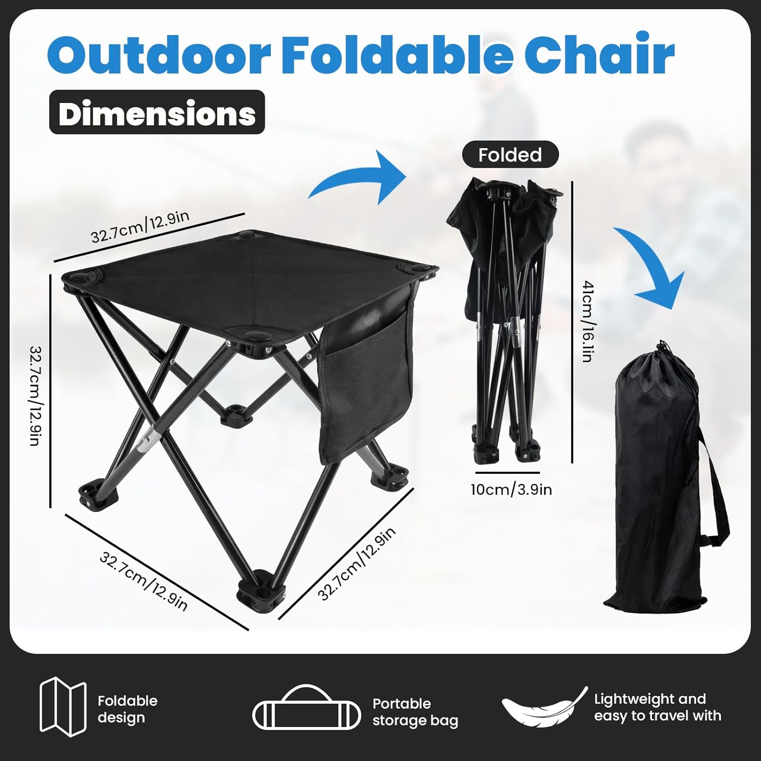 Roucerlin Taburete plegable para acampar con bolsillo lateral y bolsa de transporte, taburete portátil de campamento de pesca de 12.9 pulgadas,