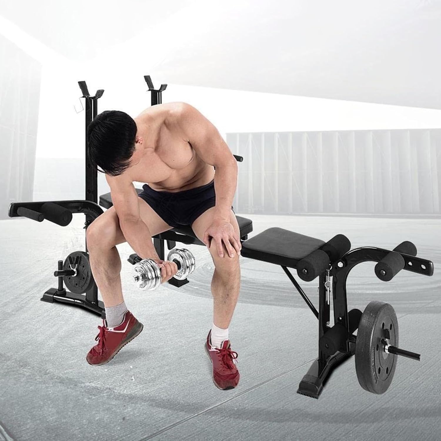Equipo de entrenamiento de banco de pesas estándar 6 en 1 para gimnasio en casa, entrenamiento de cuerpo completo, juego de prensa de banco, rizo de