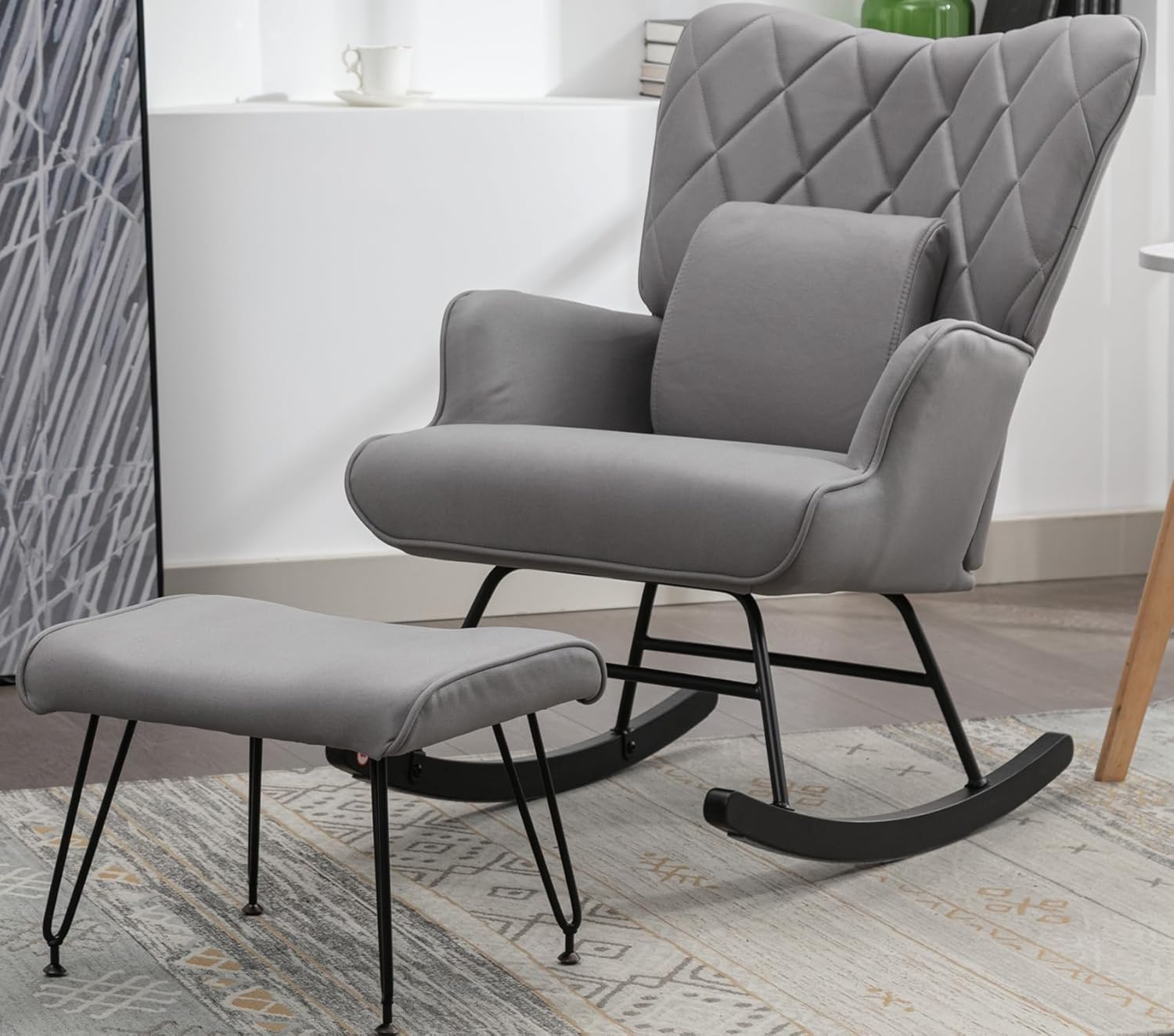 Mecedoras de guardería con silla tapizada de tela para guardería y sala de estar, silla de guardería incluye otomana y almohada lumbar, color gris