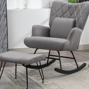 Mecedoras de guardería con silla tapizada de tela para guardería y sala de estar, silla de guardería incluye otomana y almohada lumbar, color gris Mecedoras de guardería con silla tapizada de tela para guardería y sala de estar, silla de guardería incluye otomana y almohada lumbar, color gris