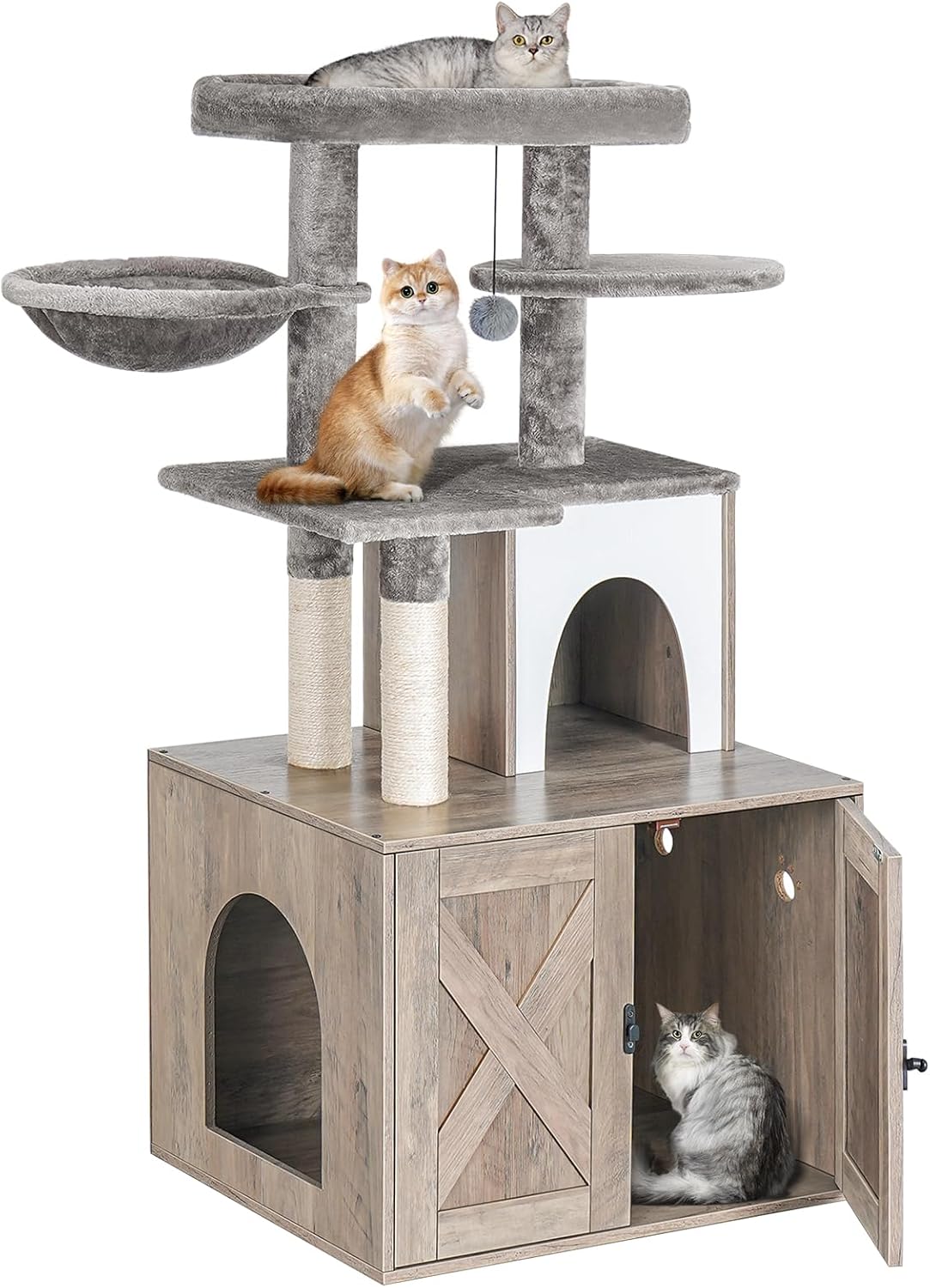 Snughome Caja de arena para gatos con torre de árbol para gatos y condominio, muebles ocultos para baño para gatos con poste rascador de sisal y