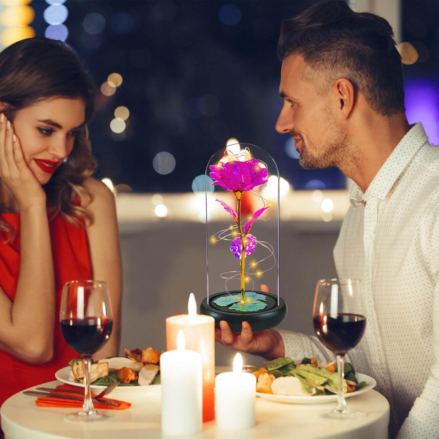 Jeekgsk Regalos de cumpleaños para mujeres, regalos de flores para ella, dura para siempre en una cúpula de cristal, rosas artificiales cálidas,