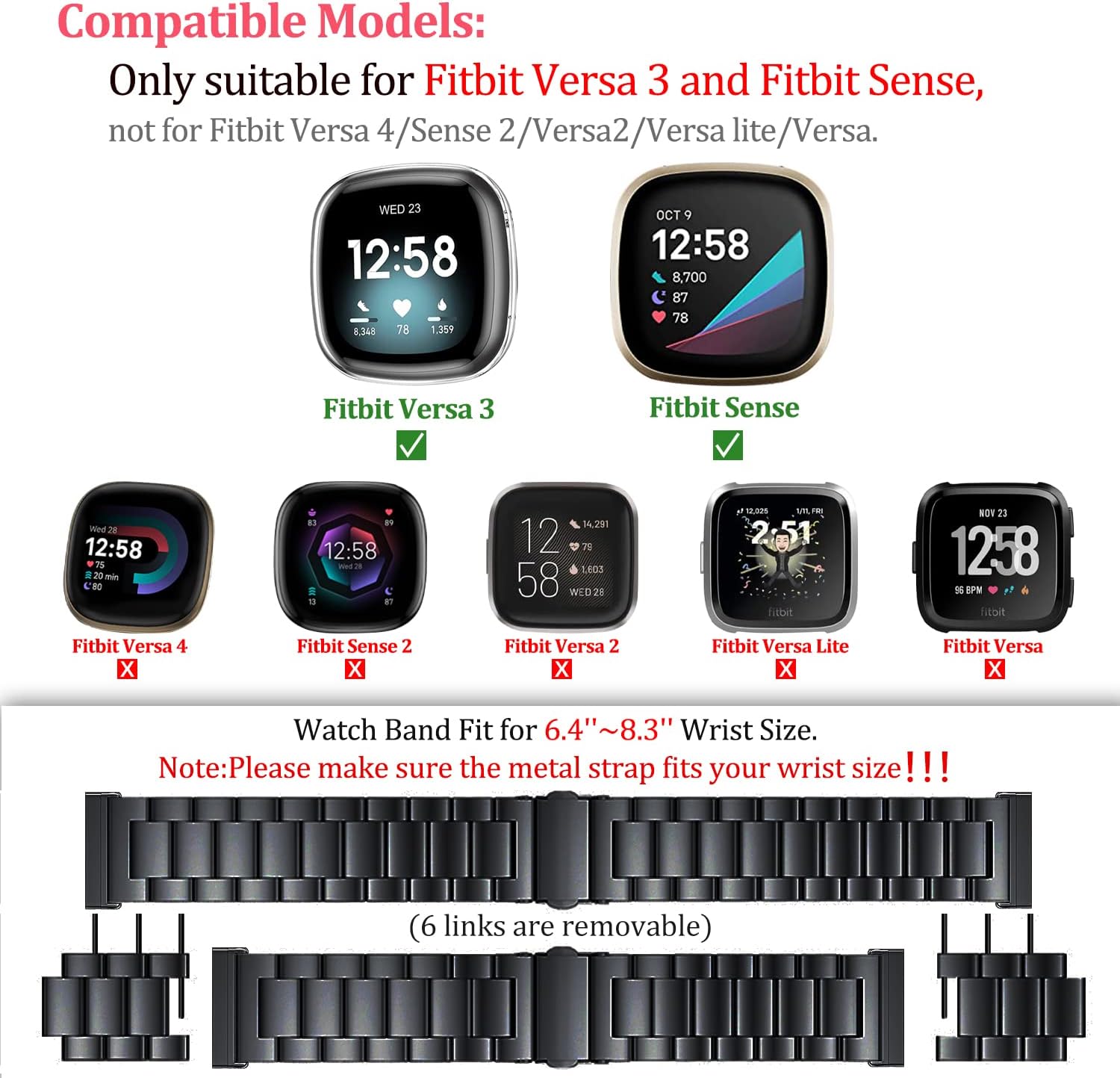 ZPJPPLX Correa de acero inoxidable sólido para Fitbit Versa 4Sense 2 con funda de reloj, correas de repuesto de metal Versa 3Sense y funda