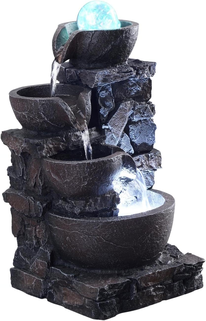 MSEONWXI Fuente de mesa para decoración del hogar, piedra interior, cuatro tazones, rocas de río naturales, decoradas, luces coloridas, bola rodante