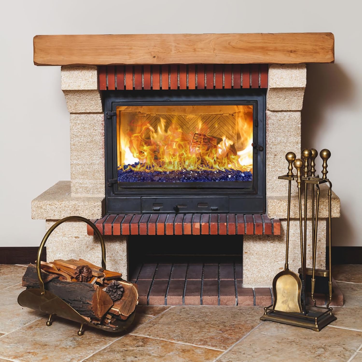 Vidrio ignífugo de 20 libras para hoguera, rocas de vidrio reflectante de 12 pulgada para chimenea de propano y gas, vidrio azul con piedra de