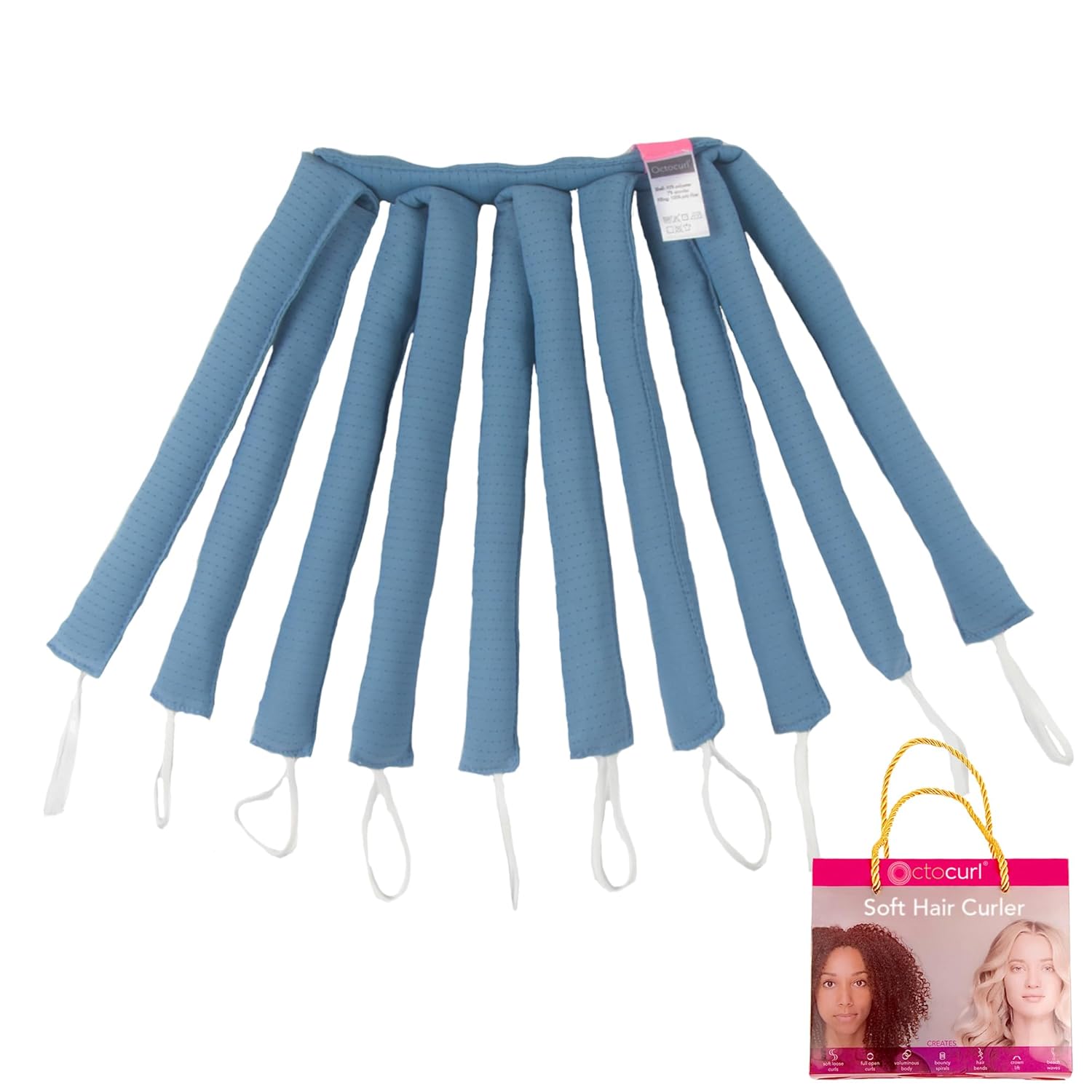 No Headband Satin Octocurl – Rizador de pelo sin calor – Suave para rizos nocturnos – Rodillos de pelo sin calor (pelo corto – QMax – Algo azul)
