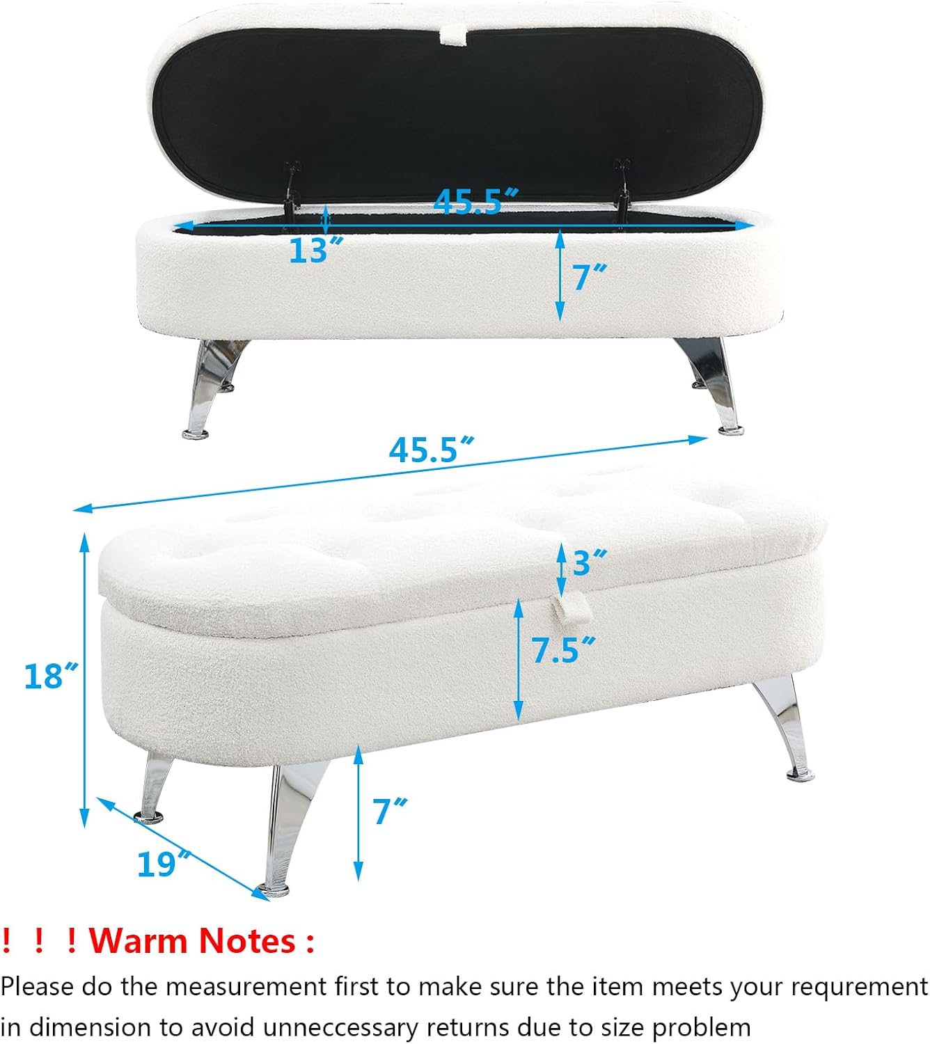 Setawix Banco otomano de almacenamiento Sherpa para dormitorio, extremo de la cama, banco de almacenamiento ovalado de 45.5 pulgadas de largo, banco