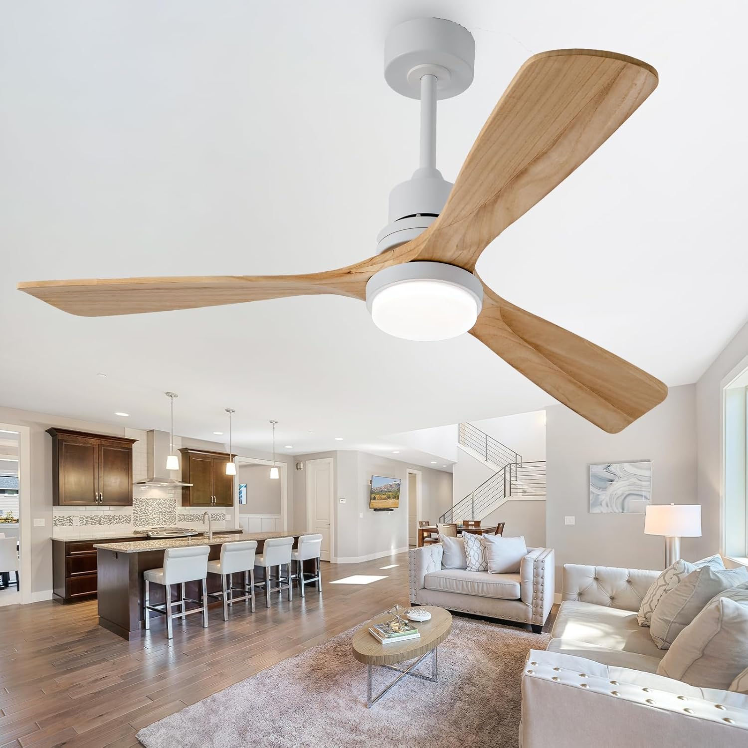 Ceversa Ventilador de techo de madera maciza de 52 pulgadas con luz y control remoto, ventilador de techo moderno de madera natural de 3 aspas,
