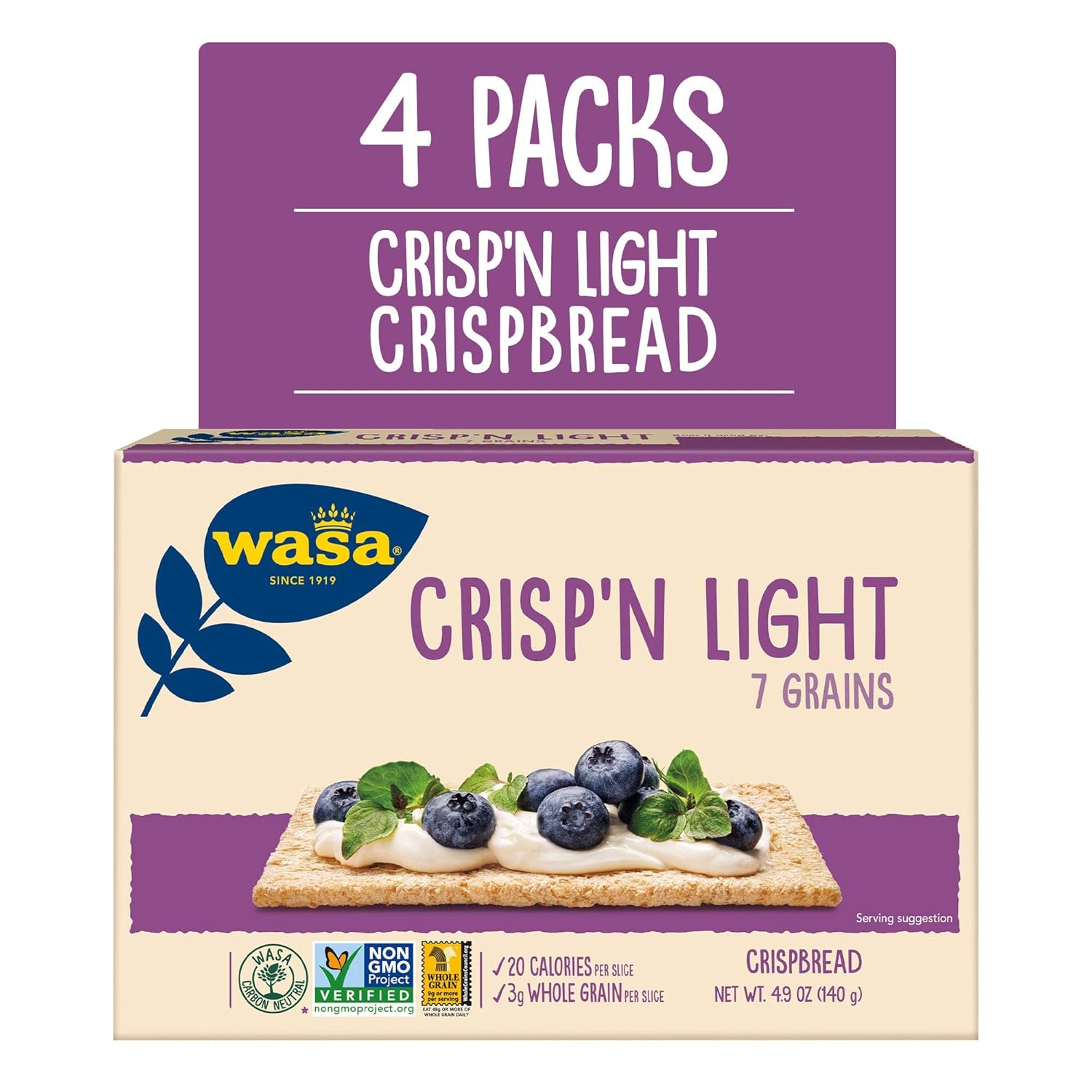 Wasa Crisp’N Light – Pan crujiente de 7 granos, 4.9 onzas (paquete de 4), galletas, sin grasa, sin grasa saturada, 0.00 oz de grasas trans, sin