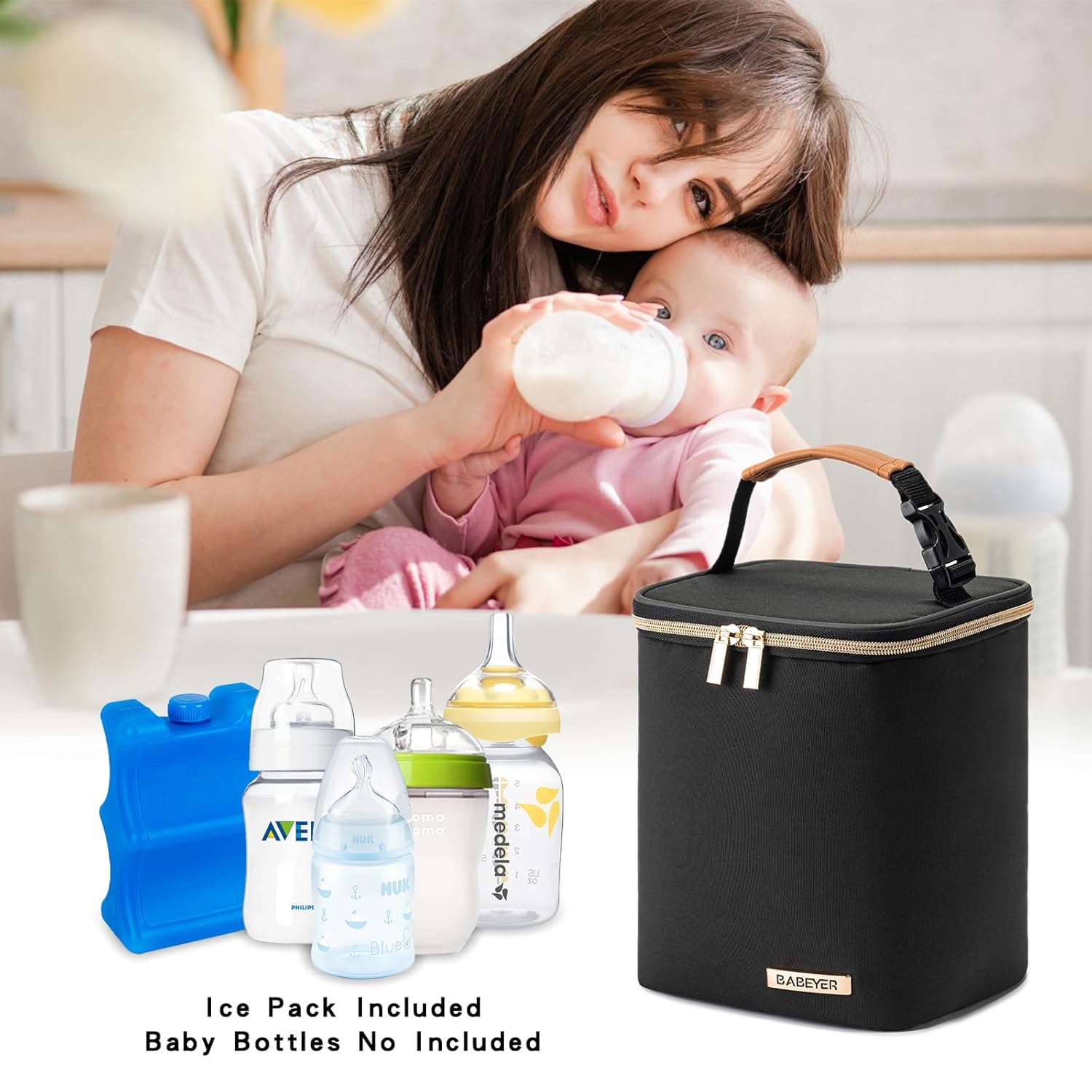 Bolsa enfriadora de leche materna con bolsa de hielo para 4 biberones de hasta 9 onzas, bolsa enfriadora de biberones adecuada para madres