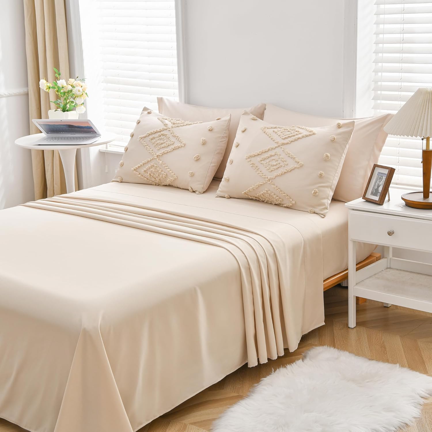 MEILA Juego de edredón beige tamaño Queen  7 piezas, cama en una bolsa con juego de edredón alternativo acolchado esponjoso para todas las
