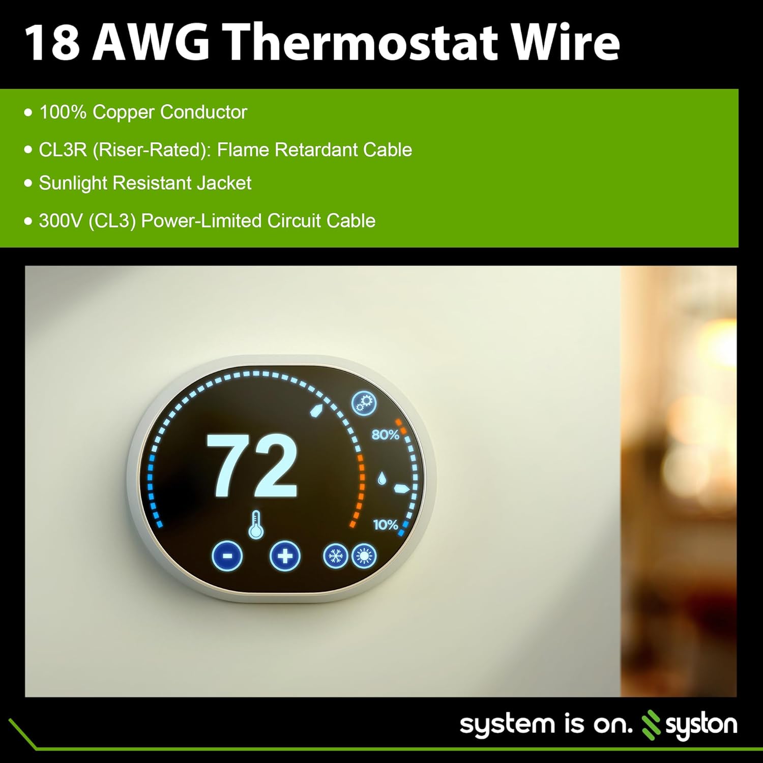 Syston – Cable de control de calefacción HAVC para timbre de puerta 182, 18 AWG 2 conductores de cobre 100% sólido CL3RFT4CMR, resistente a los