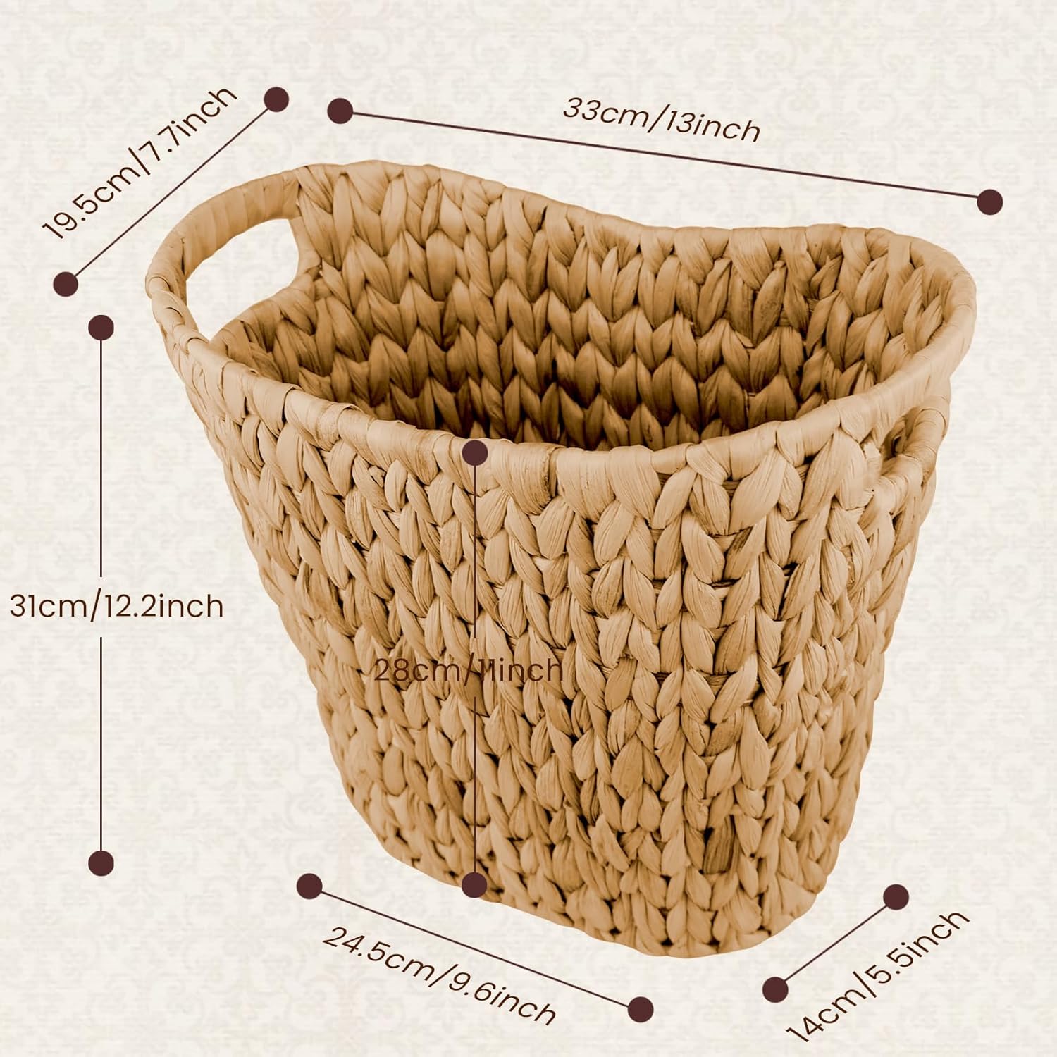 Cesta de basura de mimbre, cubo de basura de jacinto de agua tejido a mano, cesta de basura de mimbre con asas integradas, cubo de basura de mimbre