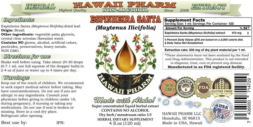 Espinheira Santa, Cancerosa (Maytenus Ilicifolia) Extracto líquido de hoja seca sin alcohol, Espinheira Santa, suplemento herbario de glicerita, 4
