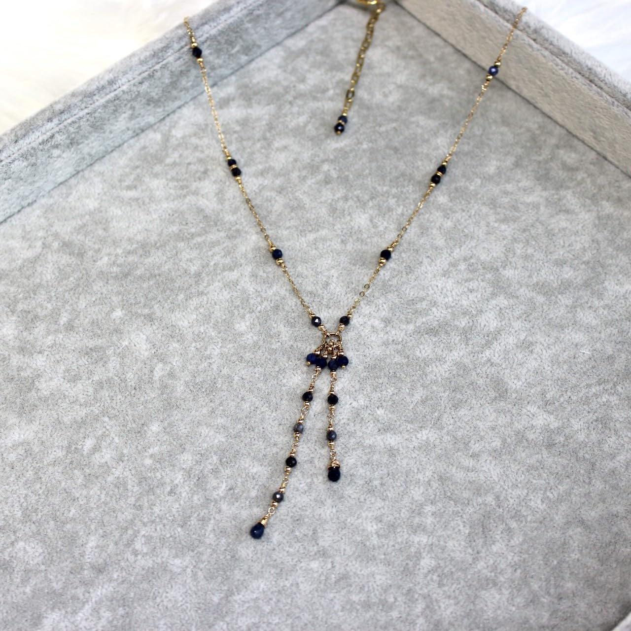 Blue Sapphire Lariat 14K Gold Filled Chain Tassel Necklace, Y Delicate Chain Necklace. Gifts for Women (17″ + 2.5″ extender, 925 sterling silver)