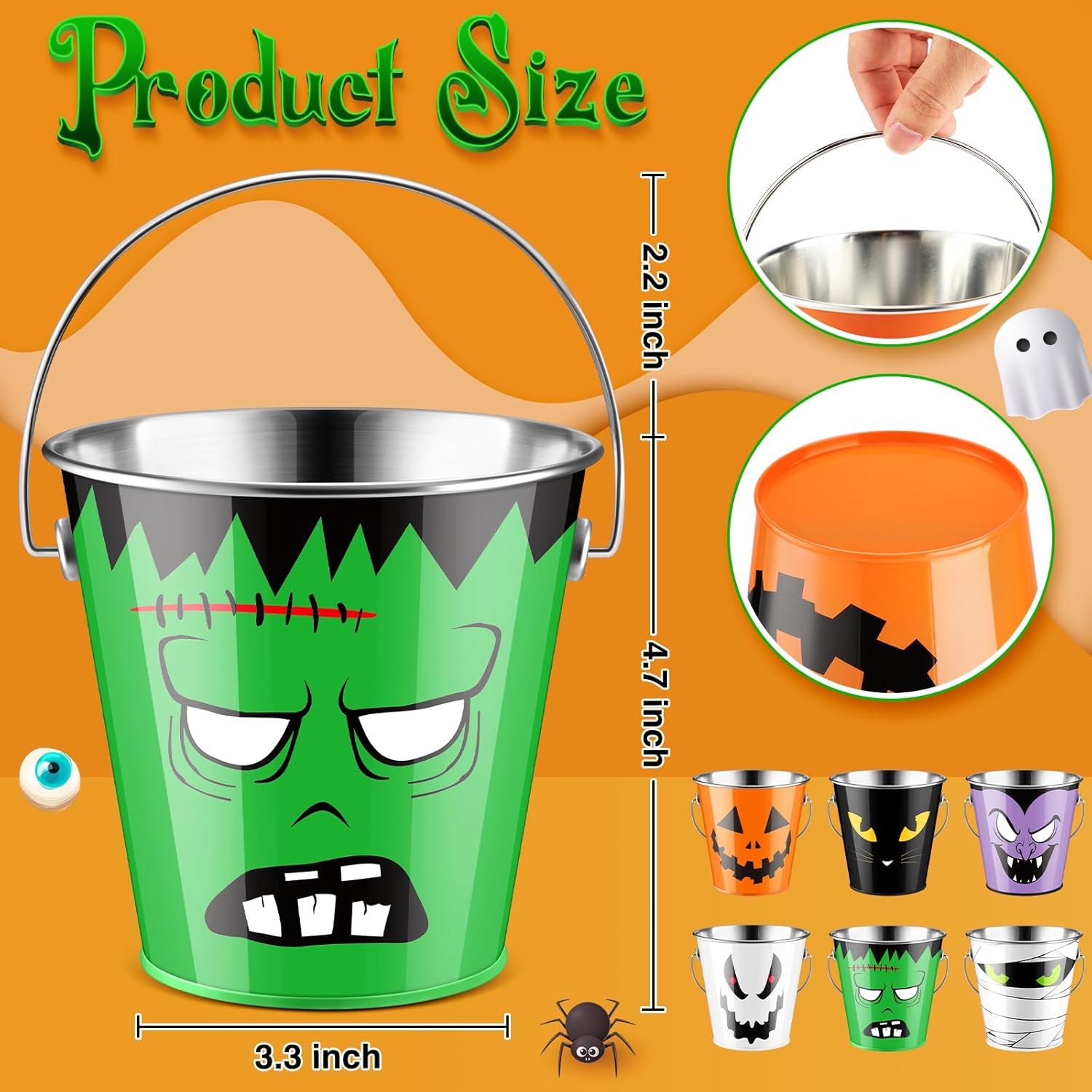 6 cubos de Halloween de metal a granel para niños, regalos de fiesta, cubo de dulce o truco con asa, cubo de dulces de calabaza de color calabaza