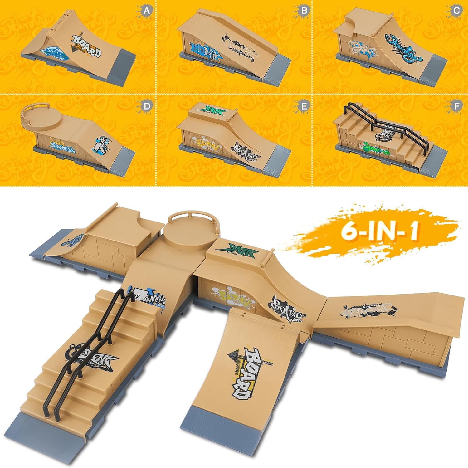 Gr8ware Rampa de patineta, juego de rampa de patineta 6 en 1, mini skatepark para patineta de dedos, patinaje de figuras, patinaje de patinaje para