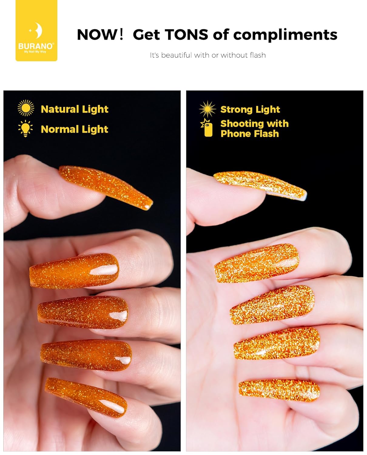 BURANO Esmalte de uñas de gel reflectante, esmalte de gel reflectante con purpurina de diamante de 0.2 fl oz, esmalte de gel de color brillante para