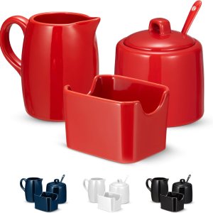 Kook Juego de azúcar y crema, 3 piezas, jarra, azucarero con tapa y cuchara, soporte para edulcorantes (rojo) Kook Juego de azúcar y crema, 3 piezas, jarra, azucarero con tapa y cuchara, soporte para edulcorantes (rojo)