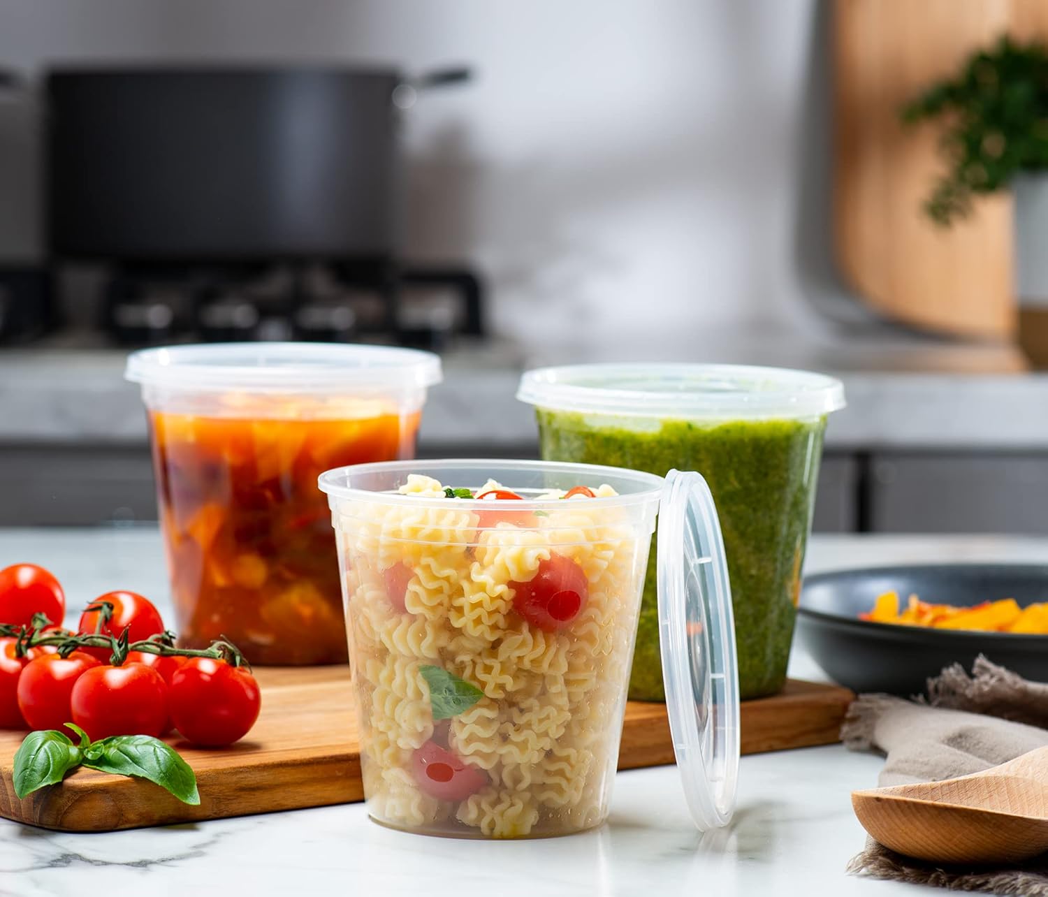 Elegant Disposables 24 onzas  24 juegos de recipientes de plástico para almacenamiento de alimentos con tapas flexibles herméticas para microondas,