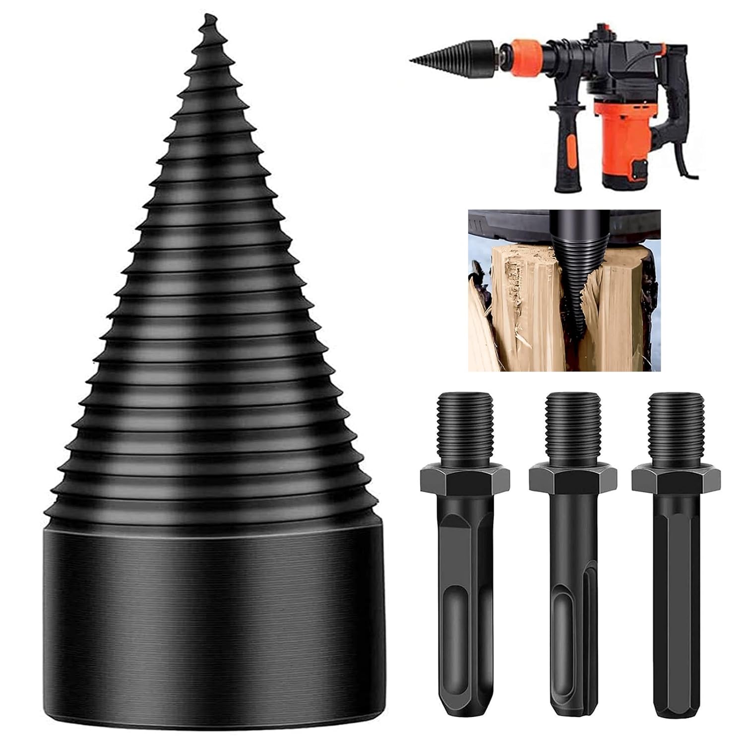 Divisor de troncos de leña, 4 piezas de broca extraíbles para leña, brocas eléctricas de alta resistencia, destornillador de cono hexagonal +
