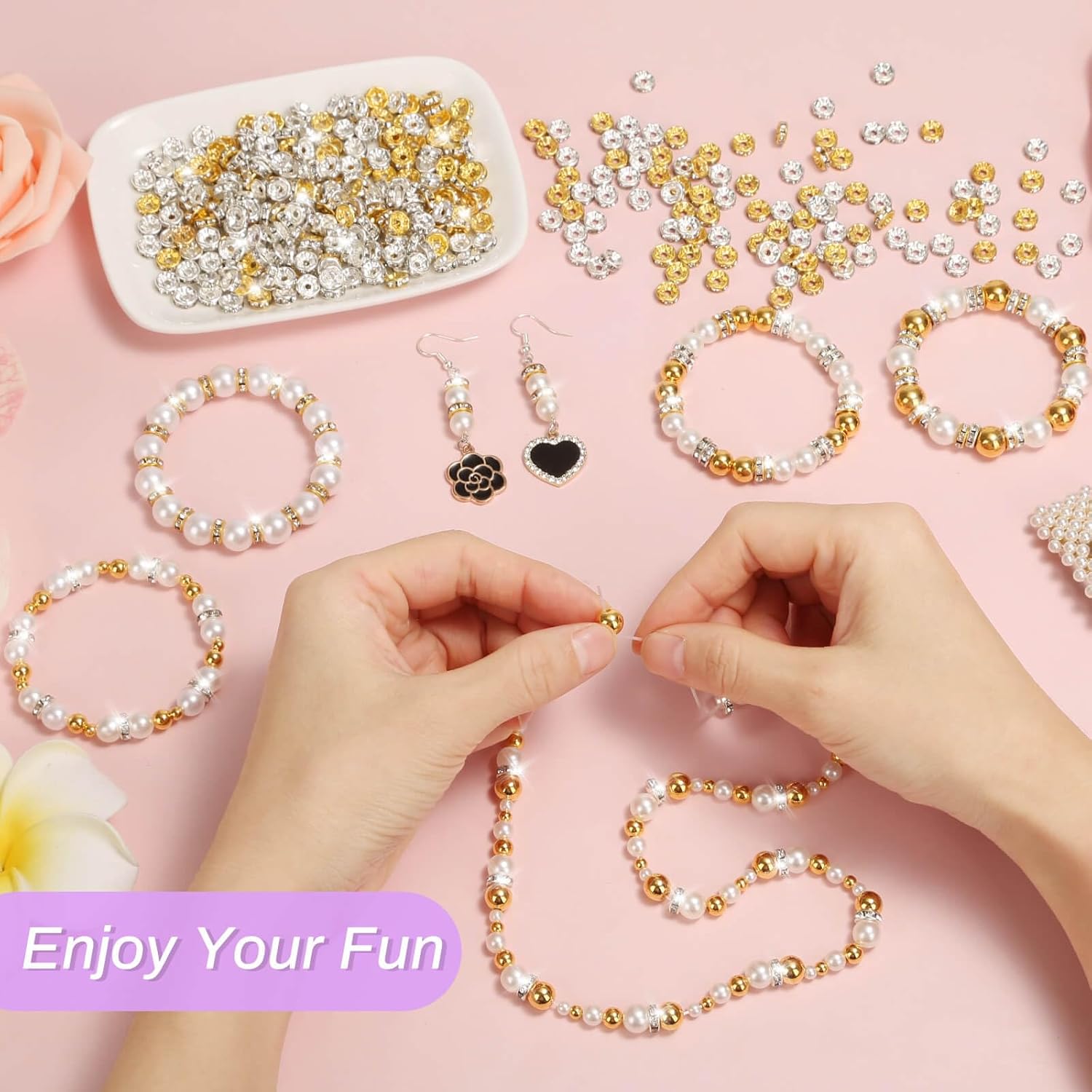 Rondelle – Cuentas espaciadoras para hacer joyas, 600 cuentas espaciadoras de diamantes de imitación para pulseras, cuentas focales para bolígrafos