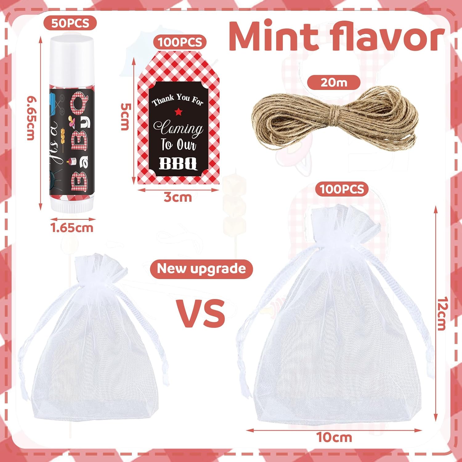 Demissle Juego de 50 bálsamos labiales para baby shower, con 100 bolsas de organza, recuerdo de fiesta de baby shower, cuerda de agradecimiento para