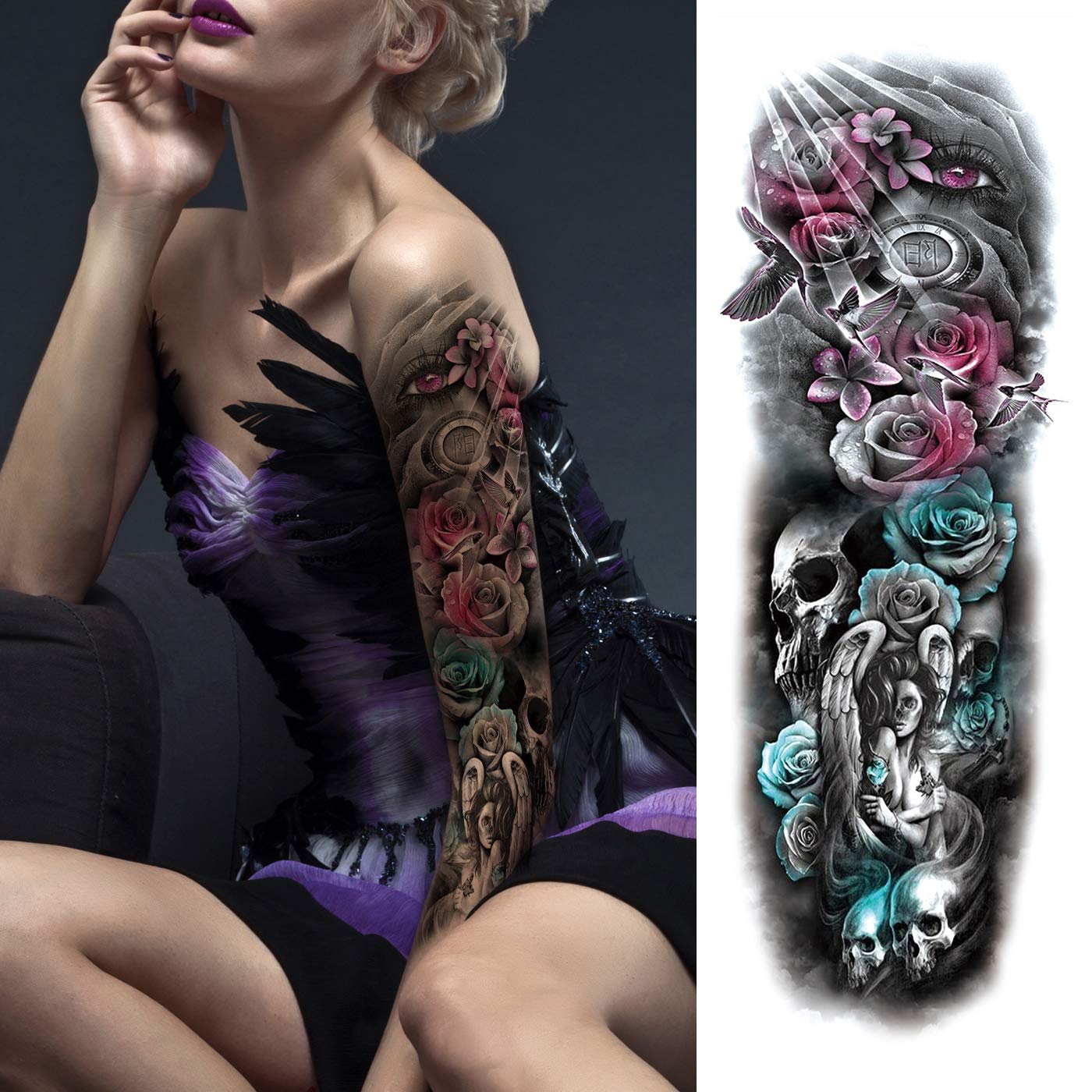 12 hojas PadOUN grandes flores cráneo temporal tatuaje manga para mujeres, 8 hojas realistas brazo completo tatuajes manga y 4 hojas medio brazo