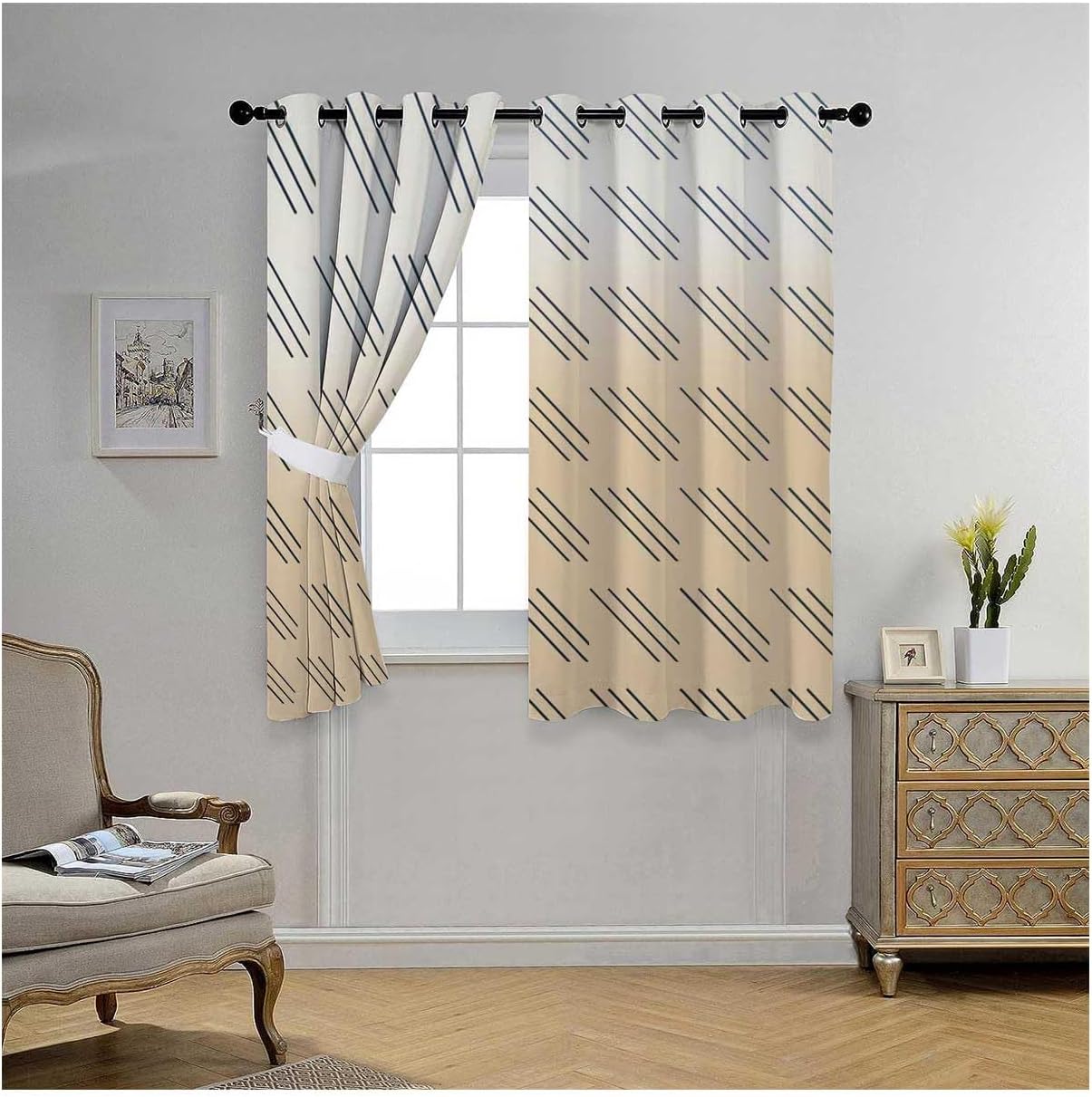 YANFENQI Cortinas para Habitacion Blackout Cream Coloured Geometric Checked Japanese Sliding Door Currains 55Inch Width by 72Inch Length,2 Panels