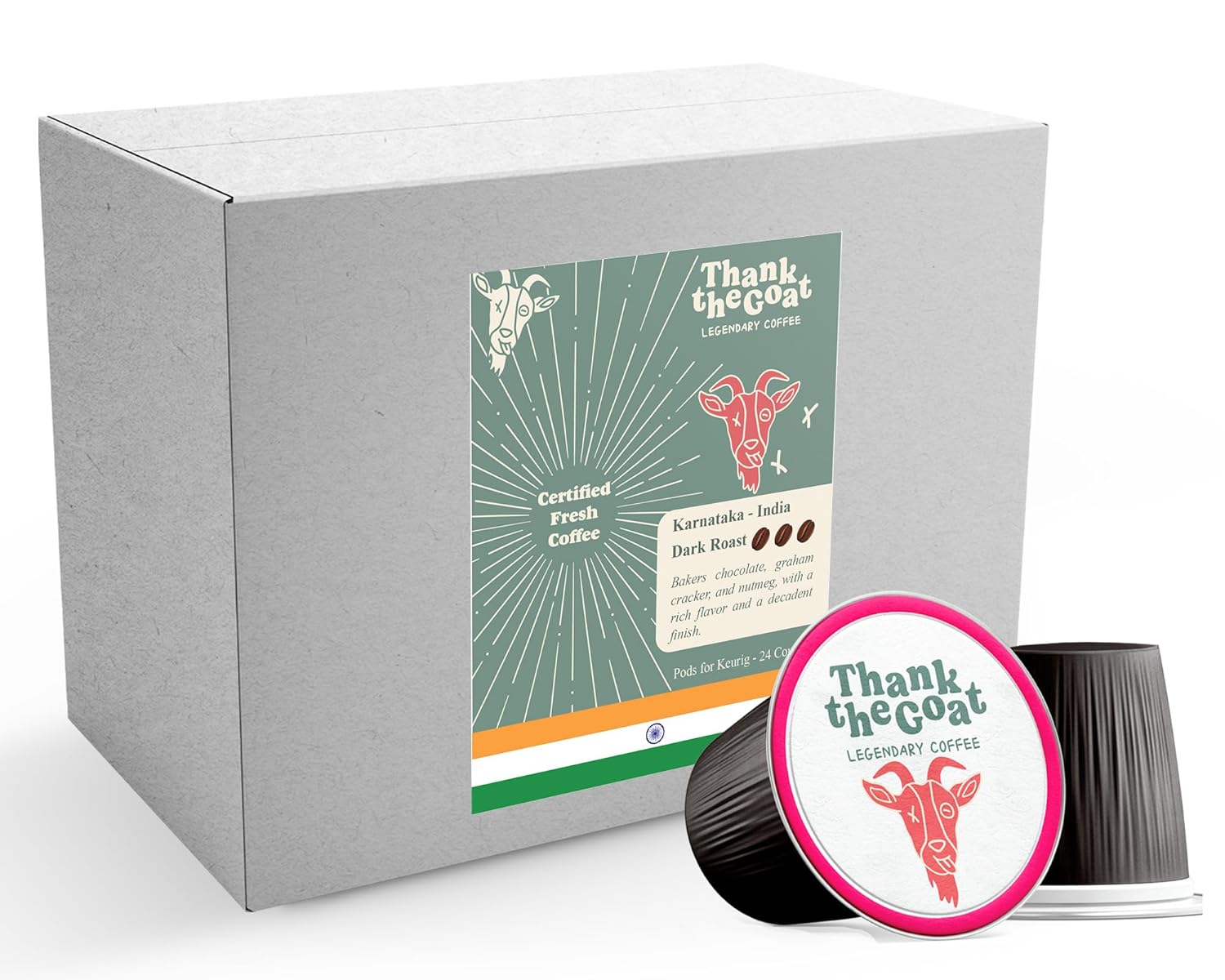 Thank the Goat Cápsulas de café gourmet, recién tostado, tostado oscuro, compatible con cafeteras Keurig 2.0 K-Cup, de Karnataka, India, 24 unidades