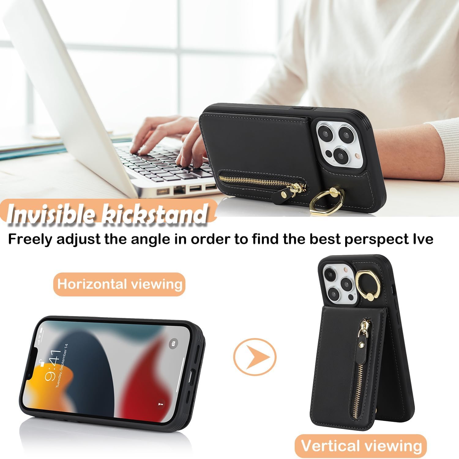 Funda para iPhone 13 Pro Max con tarjetero para mujer, iPhone 13 Pro Max, funda para teléfono con tarjeta de crédito con anillo, cierre de soporte,