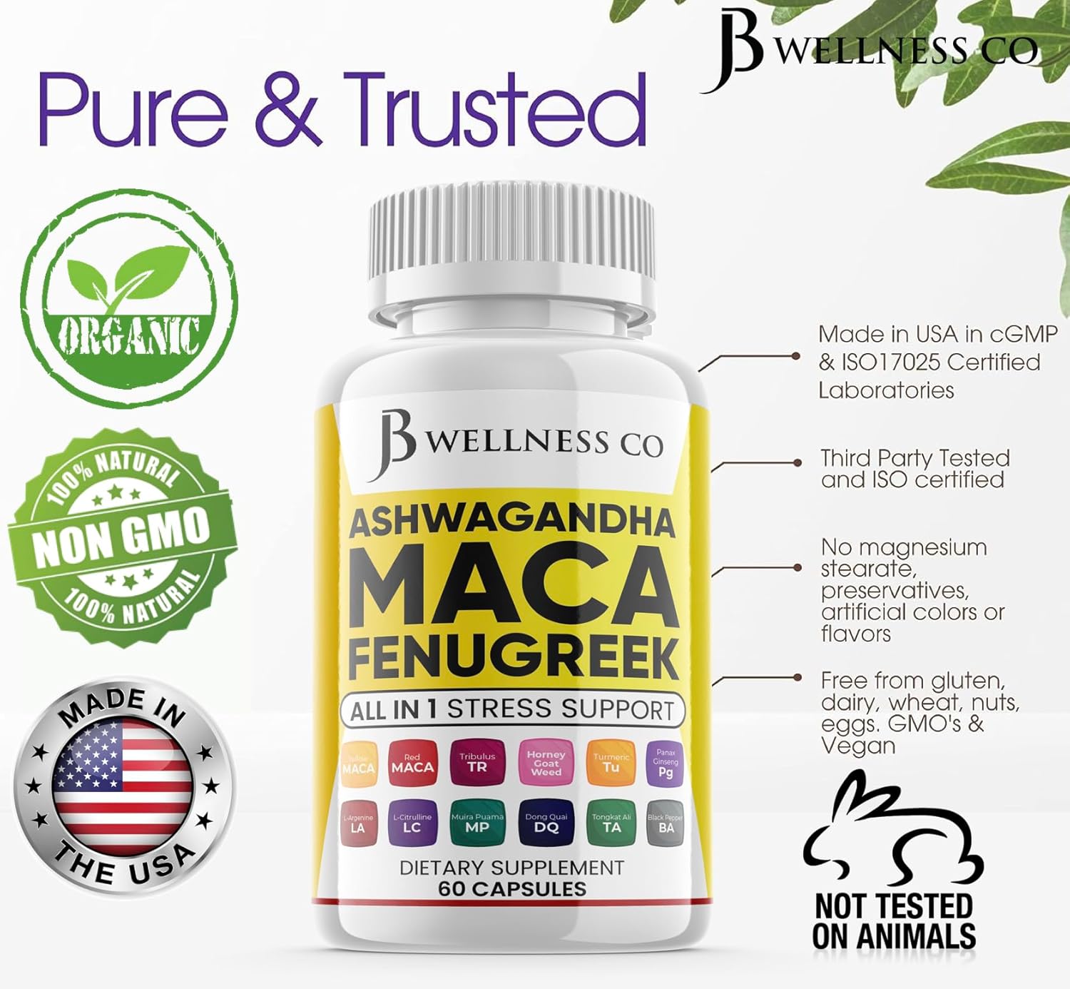 JB WELLNESS CO Ashwagandha 5000mg raíz de maca 5000mg Fenogreco 3000mg Suplemento con Tongkat Ali Ginseng – Ayuda con el estado de ánimo y la salud