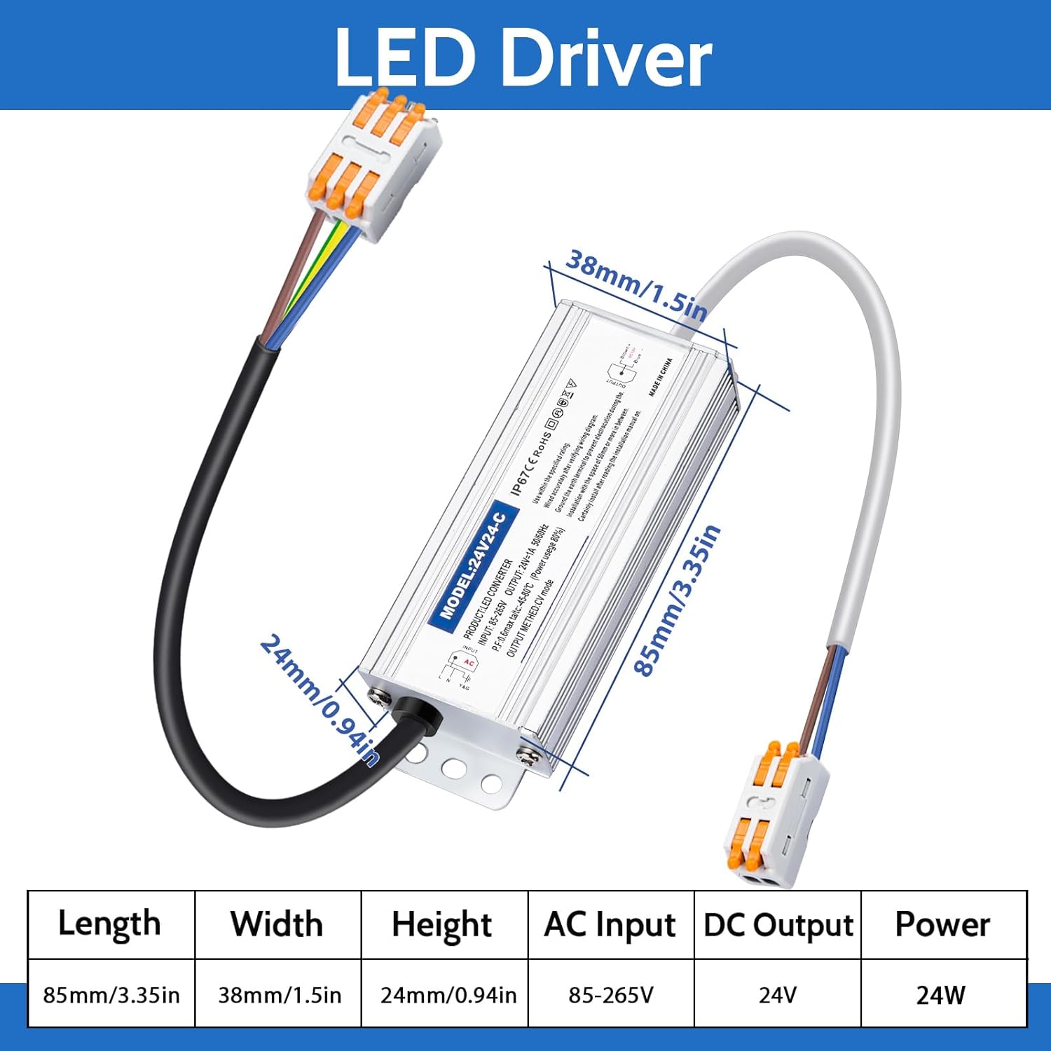 Fuente de alimentación impermeable IP67 24V 24 W 1 A, controlador LED de 24 V, convertidor de 110 V CA a 24 V CC, ideal para interiores y