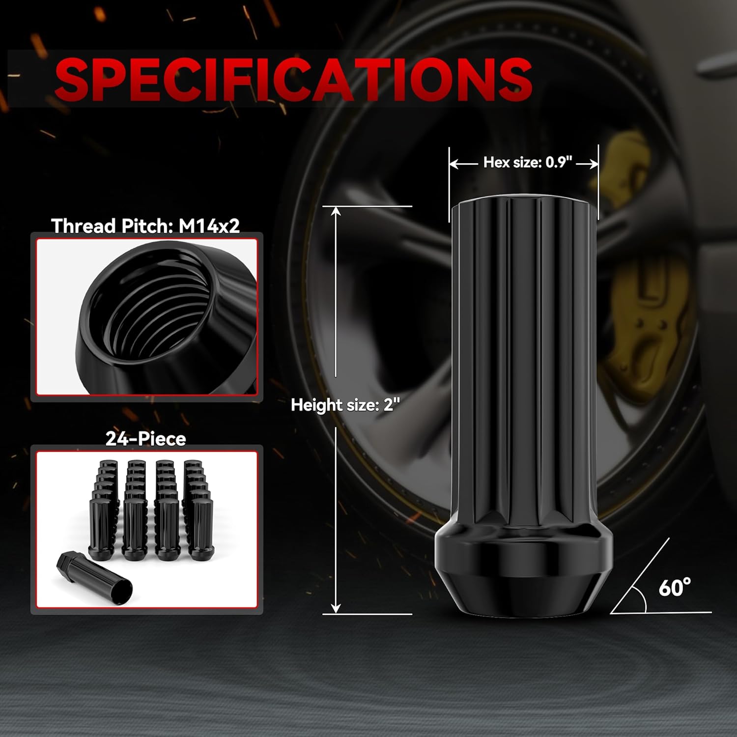 EZISOE Tuercas de rueda de 0.551 in x 2.0, 24 piezas+1 pieza de enchufe M14x2 rosca negra XL Tuercas de repuesto para 2003-2014 F150 Expedition