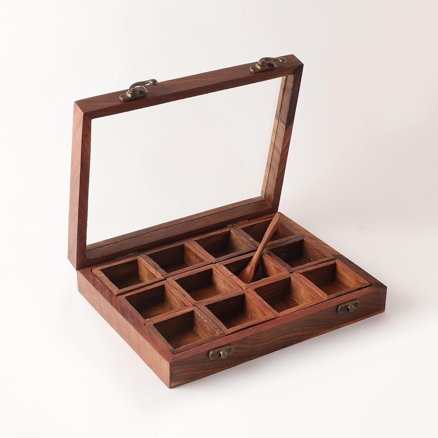 Maru 10.25 x 8 x 2 pulgadas, caja de especias y cuchara de madera Masala Dabba caja de almacenamiento de especias con tapa, caja de especias de