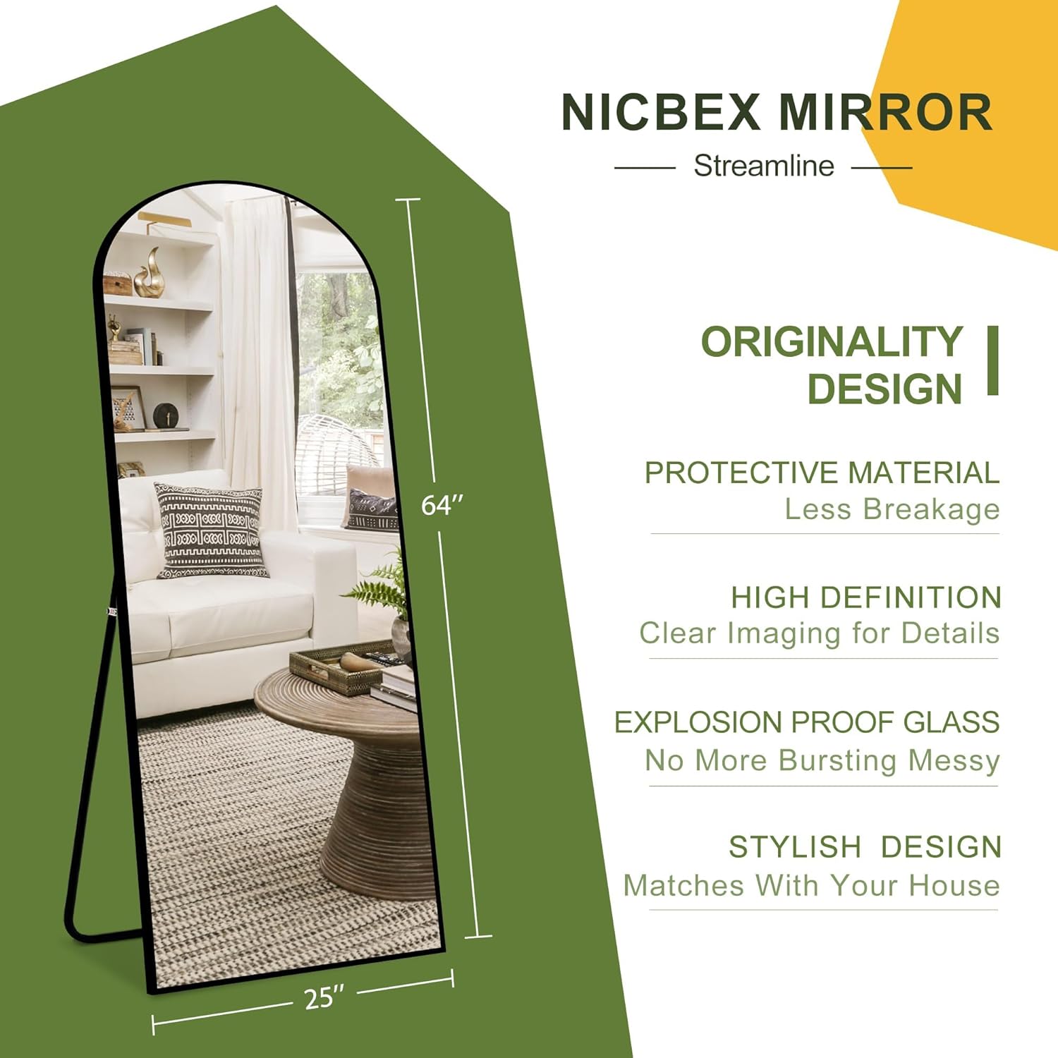 NicBex Espejo arqueado de longitud completa, marco de aleación de aluminio de 64 x 24 pulgadas, espejo de cuerpo completo con soporte, negro, de