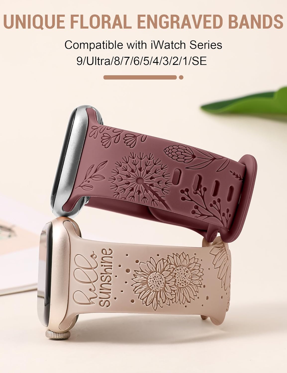Minyee Paquete de 2 correas con grabado floral compatibles con correas de Apple Watch de 1.614 in, 1.575 in, 1.496 in, 1.732 in, 1.772 in, 1.654 in,