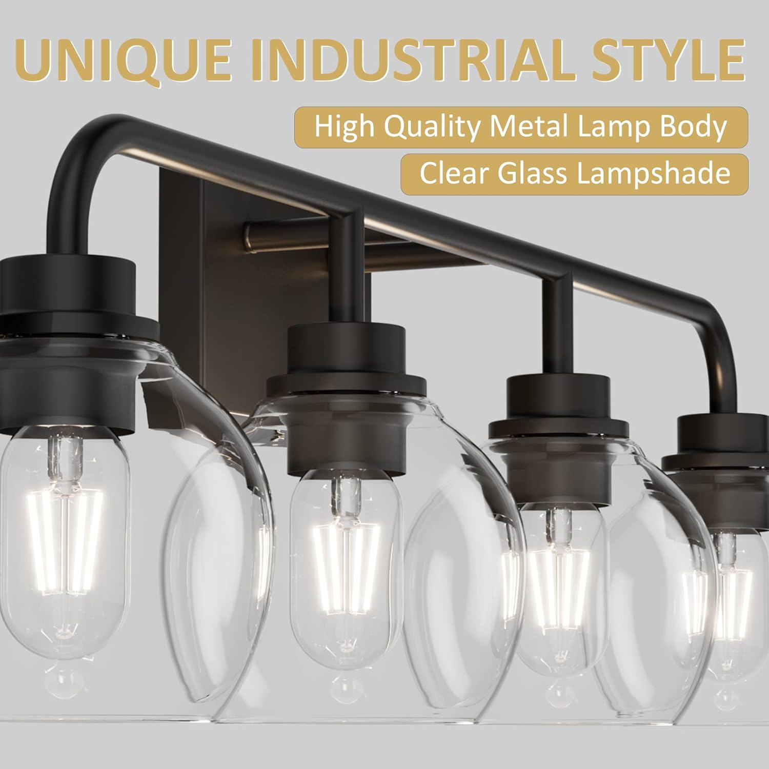 Tipace Lámparas industriales para tocador de baño, 4 luces, acabado negro vintage con globo de vidrio transparente, iluminación de baño de granja
