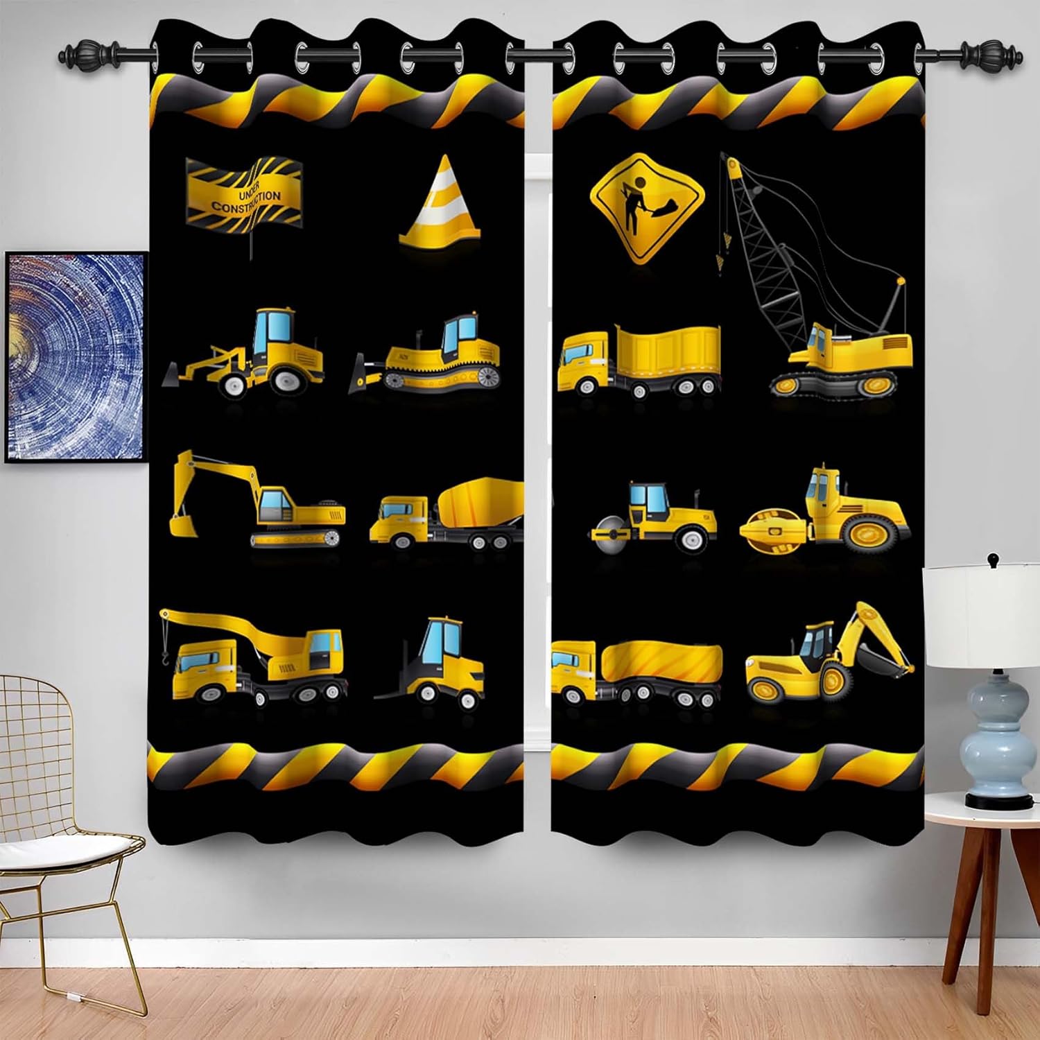 Baocicco Cortinas de construcción para niños, para dormitorio, excavadora, tractor, camión, cuarto de bebé, cortinas de oscurecimiento con ojales,