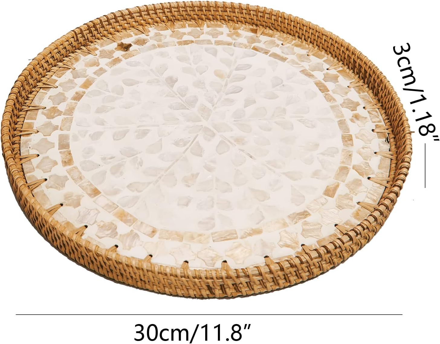 Cesta redonda de ratán de 12 pulgadas con base de madera de mopa beige, bandeja otomana de mimbre grande con 1 pulgada, platos tejidos para