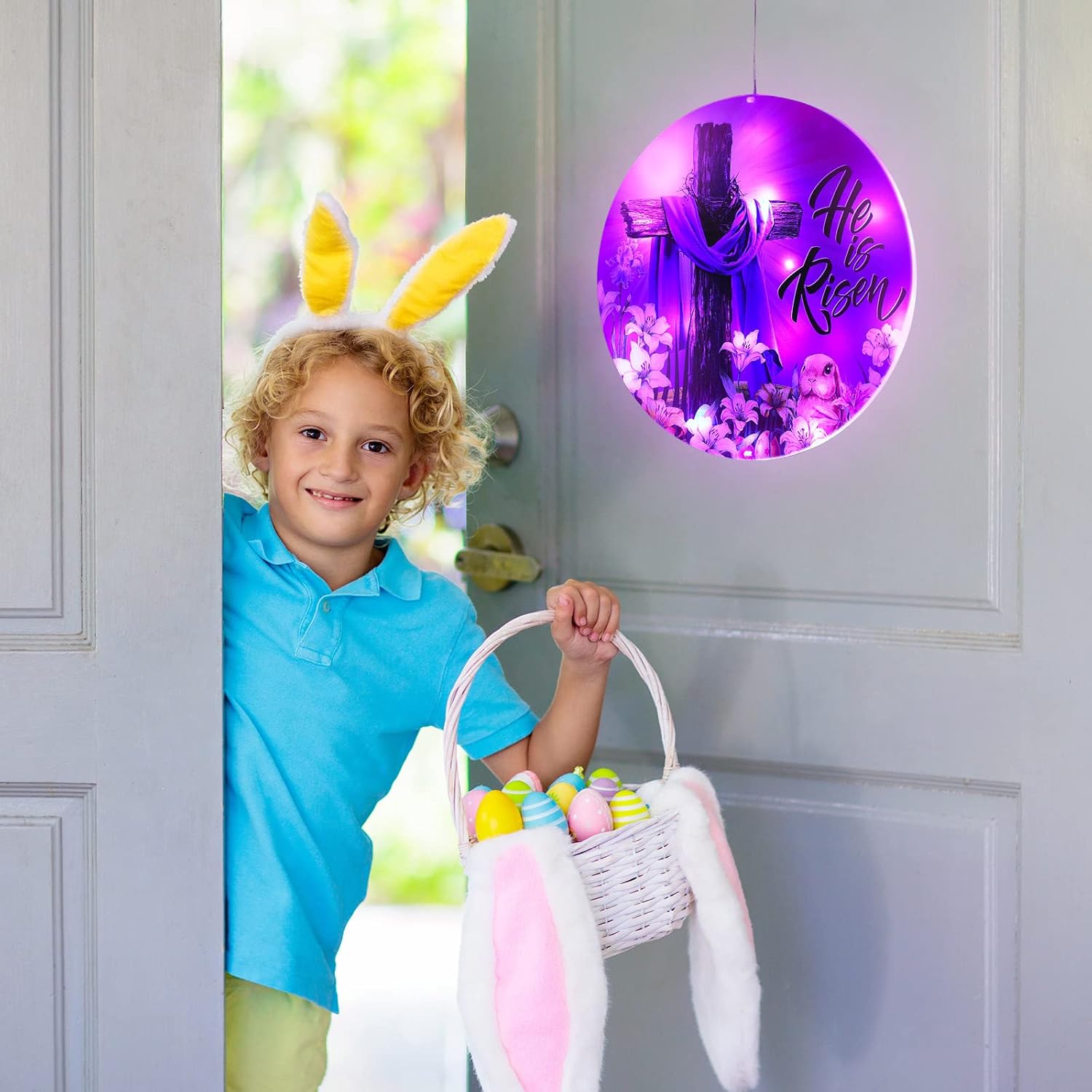 Luces de ventana de Pascua de 11 pulgadas, luces colgantes con texto en inglés “He Is Risen”, letrero de puerta de Jesús cristiano, decoración de