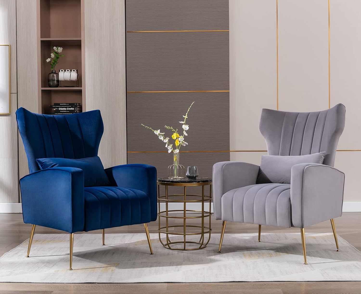 Kmax – Silla decorativa de terciopelo con brazos de mediados de siglo con patas doradas, silla con respaldo alado con almohada para dormitorio, sala