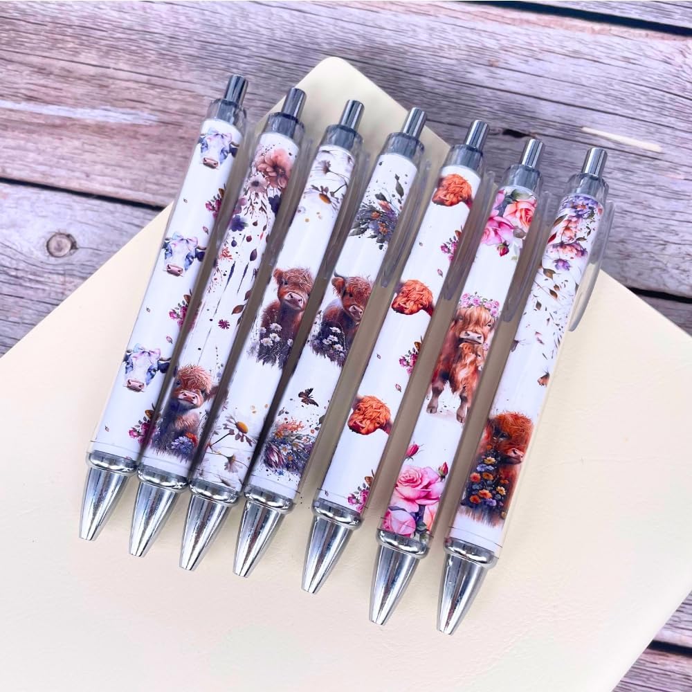 YJ PREMIUMS 7 bolígrafos de vaca  Lindos bolígrafos con estampado de vaca de las tierras altas, flores florales, kawaii, estéticas, vacas blancas y