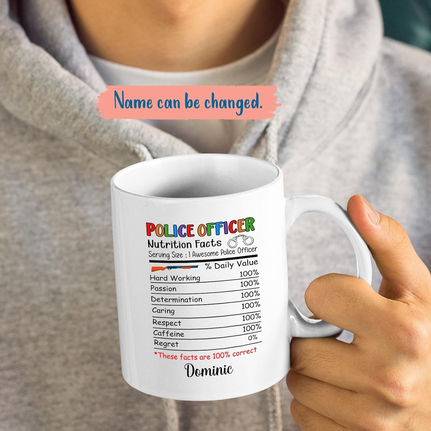 Tazas personalizadas con nombre de policía, tazas de información nutricional de oficial de policía, taza de café personalizada para policía, regalo