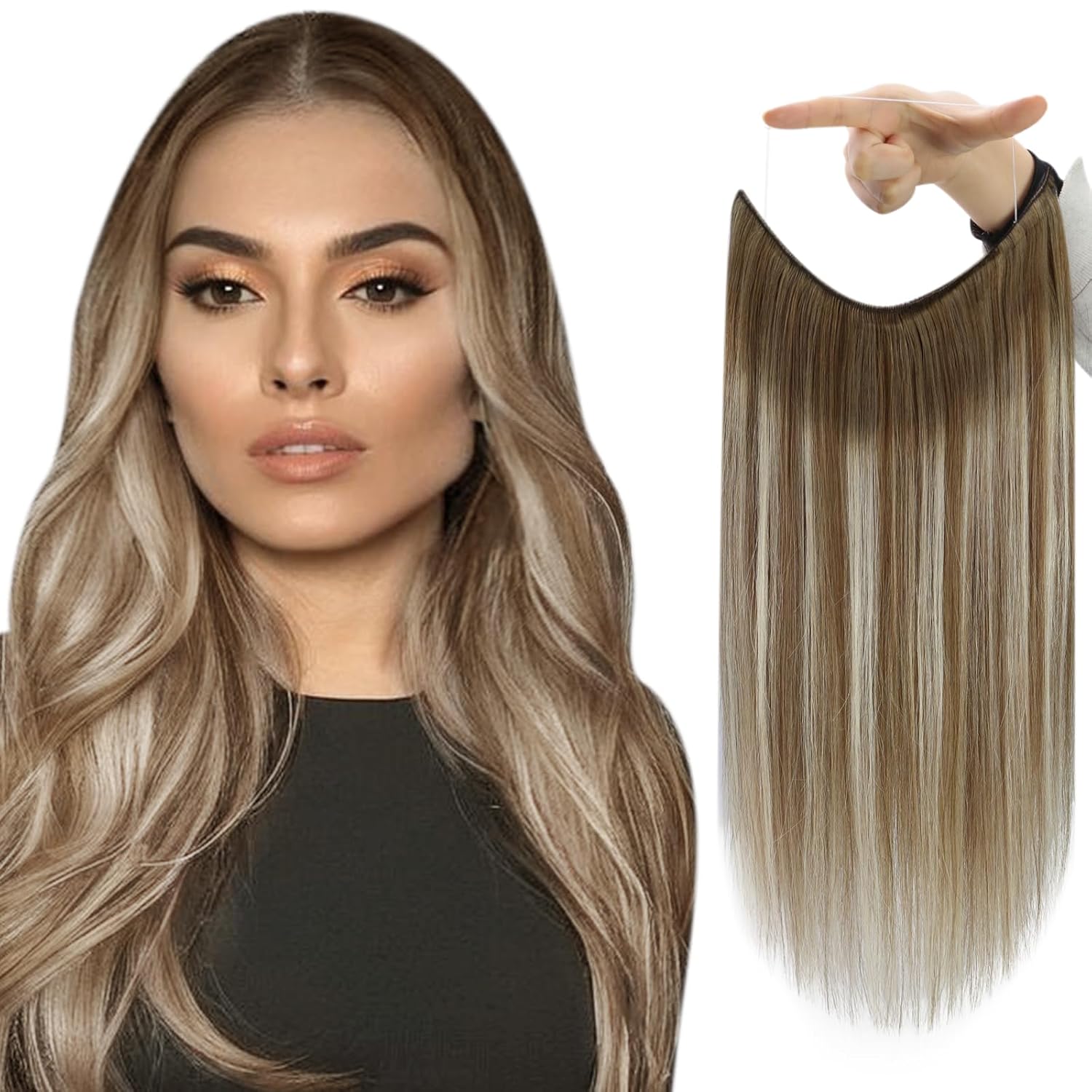Fshine – Extensiones de cabello humano con alambre invisible, castaño degradado #6606, con hilo de nailon, 20 pulgadas, castaño a rubio platino,