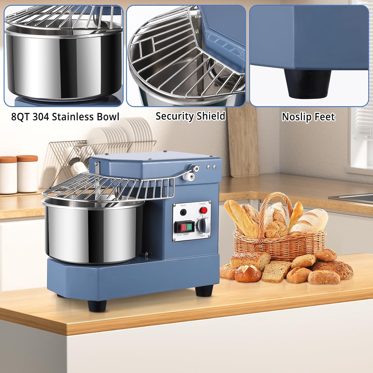 Mezclador de masa comercial, capacidad de 8 cuartos de galón, máquina de amasado de masa de doble rotación de 450 W con cuenco de acero inoxidable,
