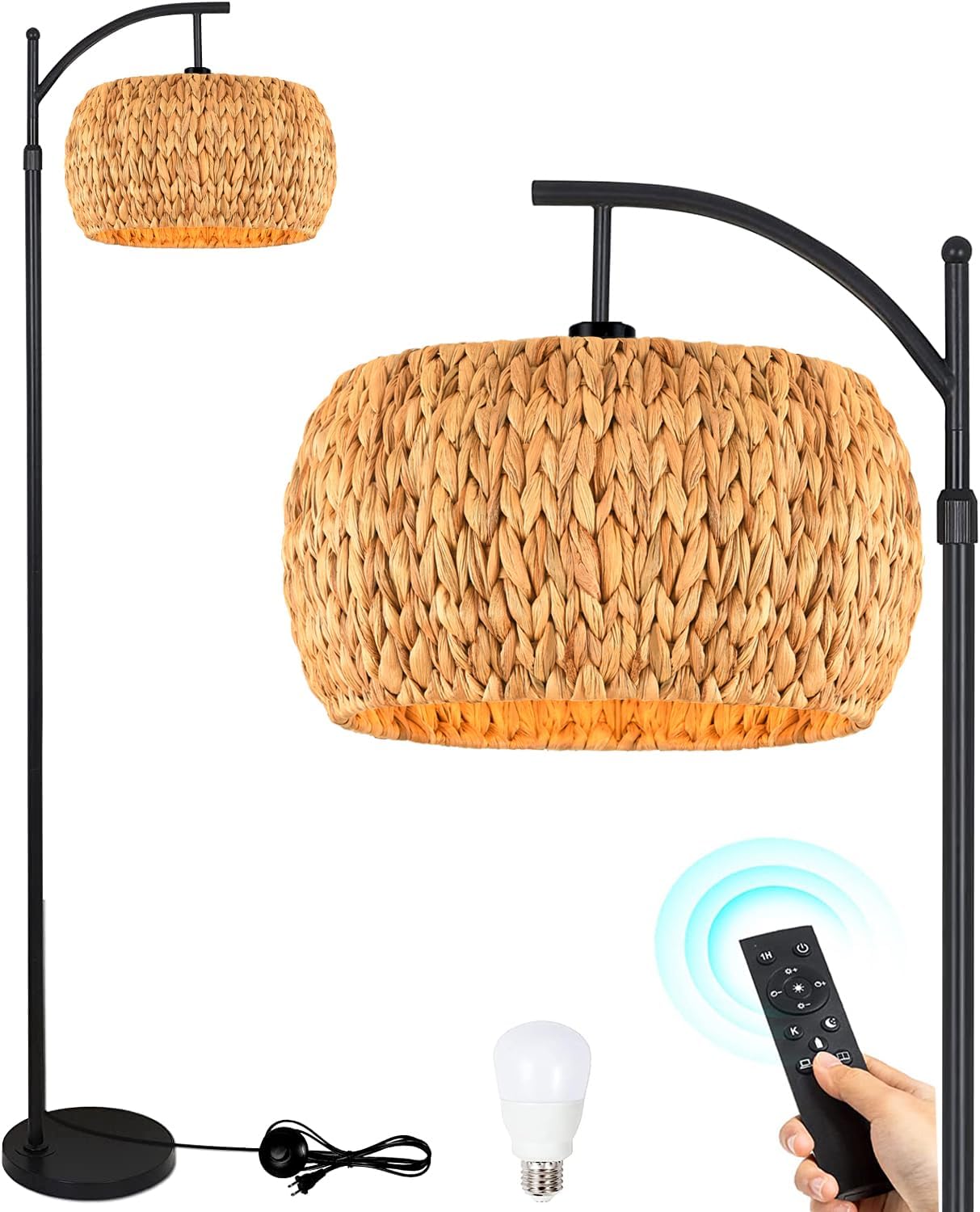 Lámpara de pie para sala de estar, dormitorio, ratán bohemio, lámpara de pie con mando a distancia regulable de mimbre negro, lámpara de bambú de