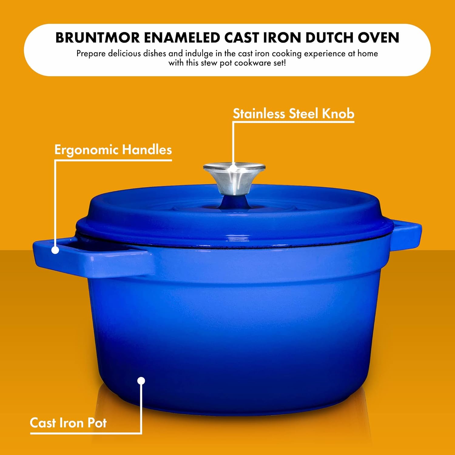 Bruntmor – Horno holandés redondo de hierro fundido esmaltado precurado de 6.5 cuartos de galón, con tapa y asa utensilio de cocina resistente para