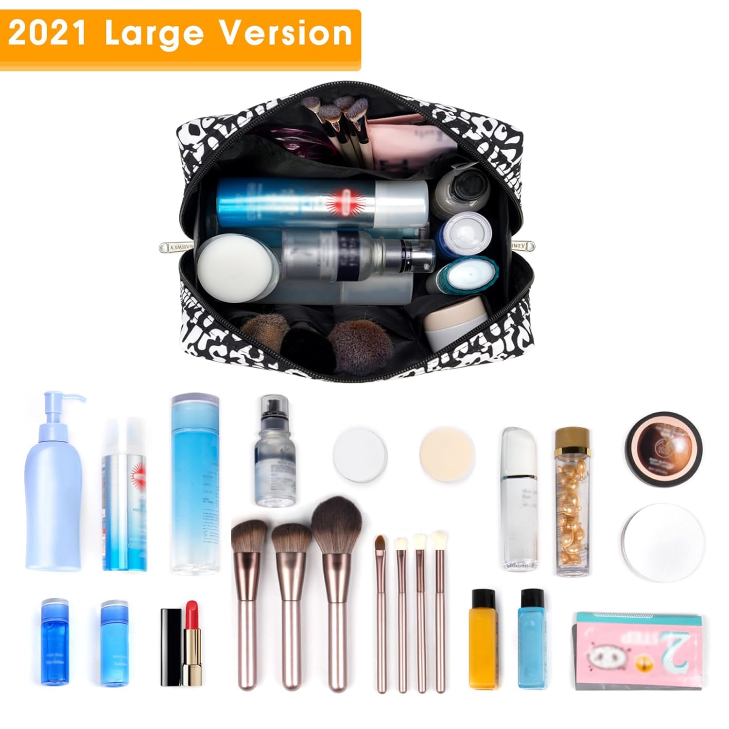 Bolsa de maquillaje grande con cremallera, organizador de cosméticos de viaje para mujeres (grande, leopardo negro)